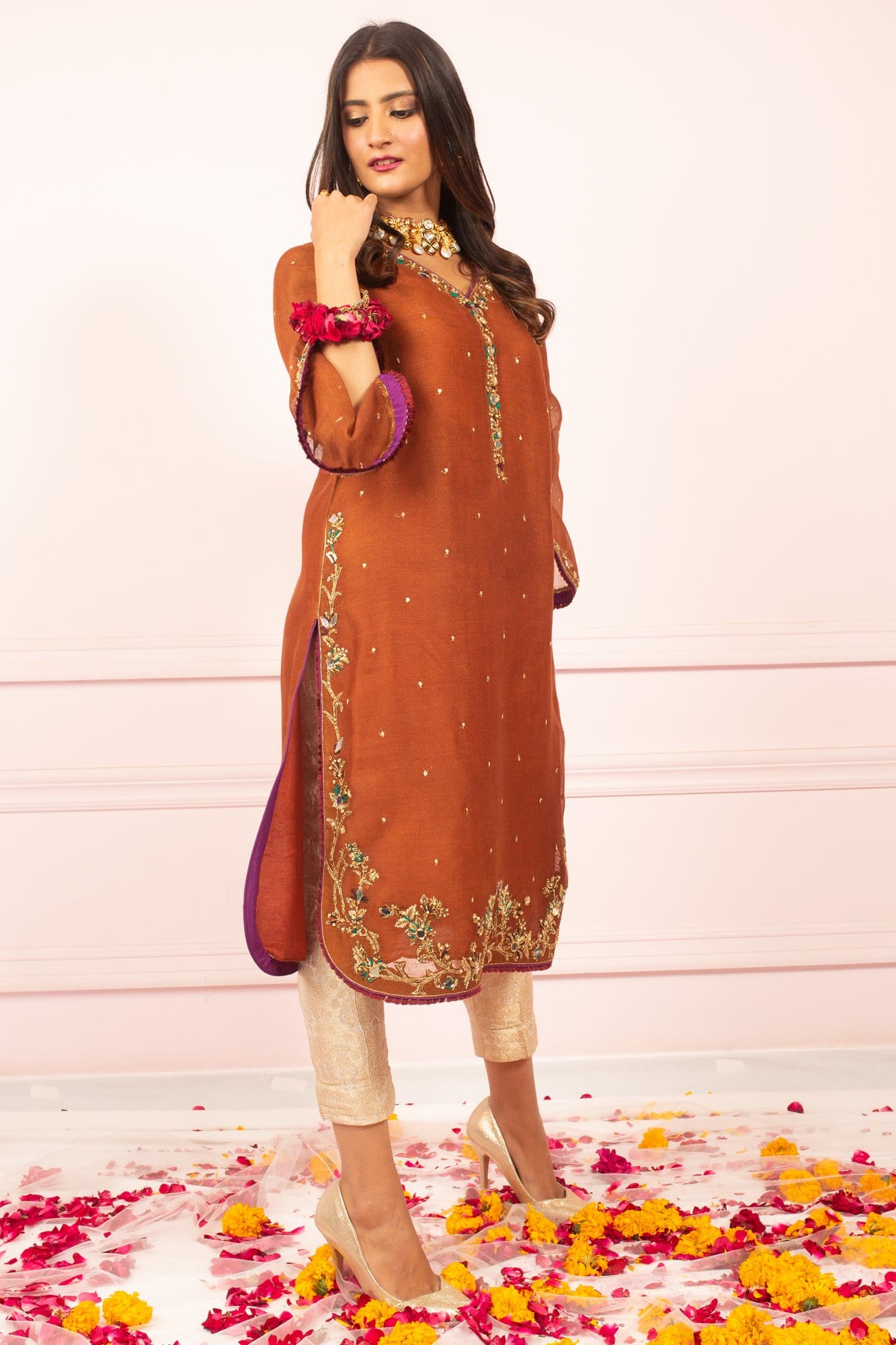 Brown Hand Embroidered Khaddi Net Kurti (1-Pc) - Image 3