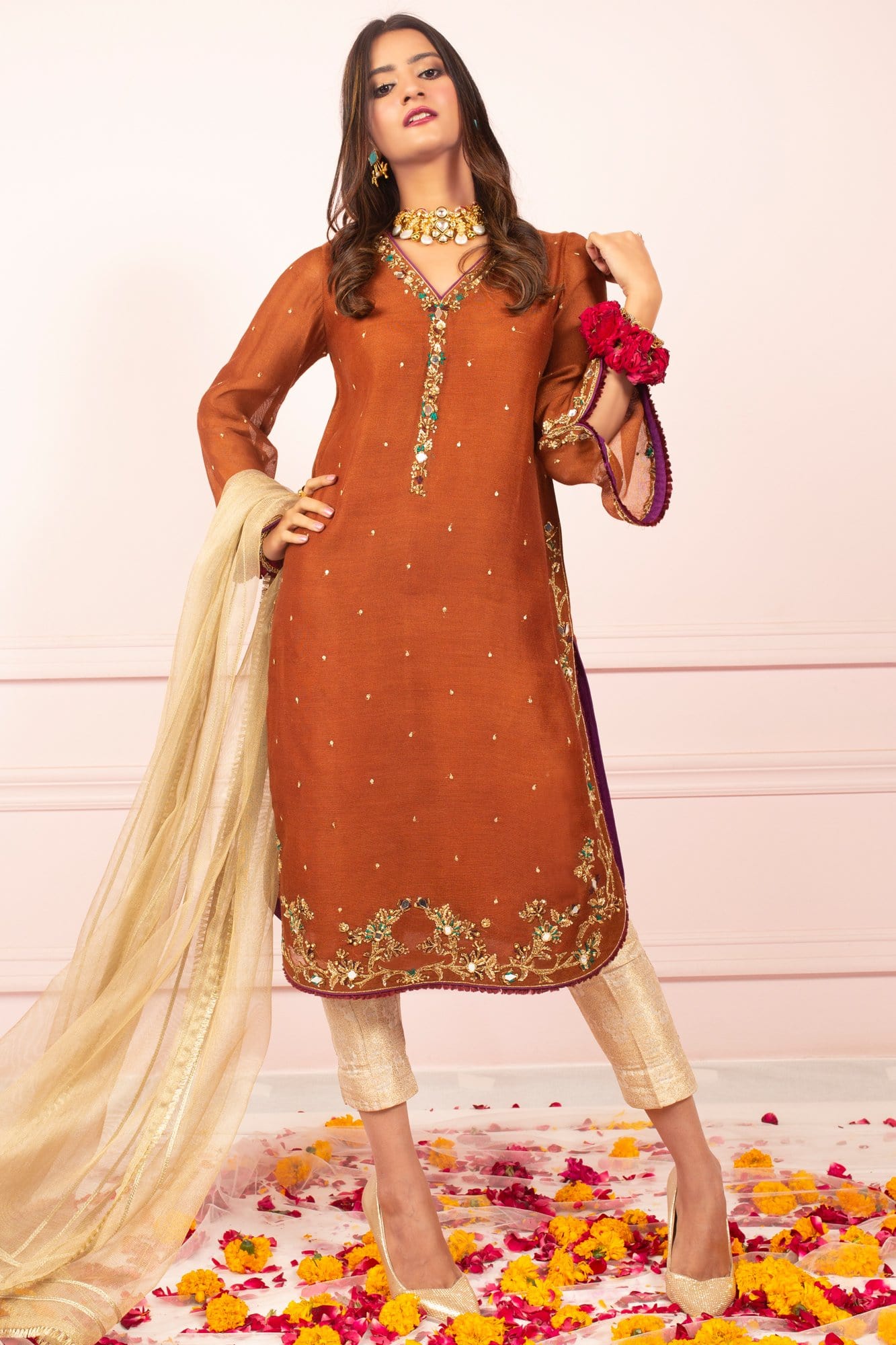 Brown Hand Embroidered Khaddi Net Kurti (1-Pc) - Image 4