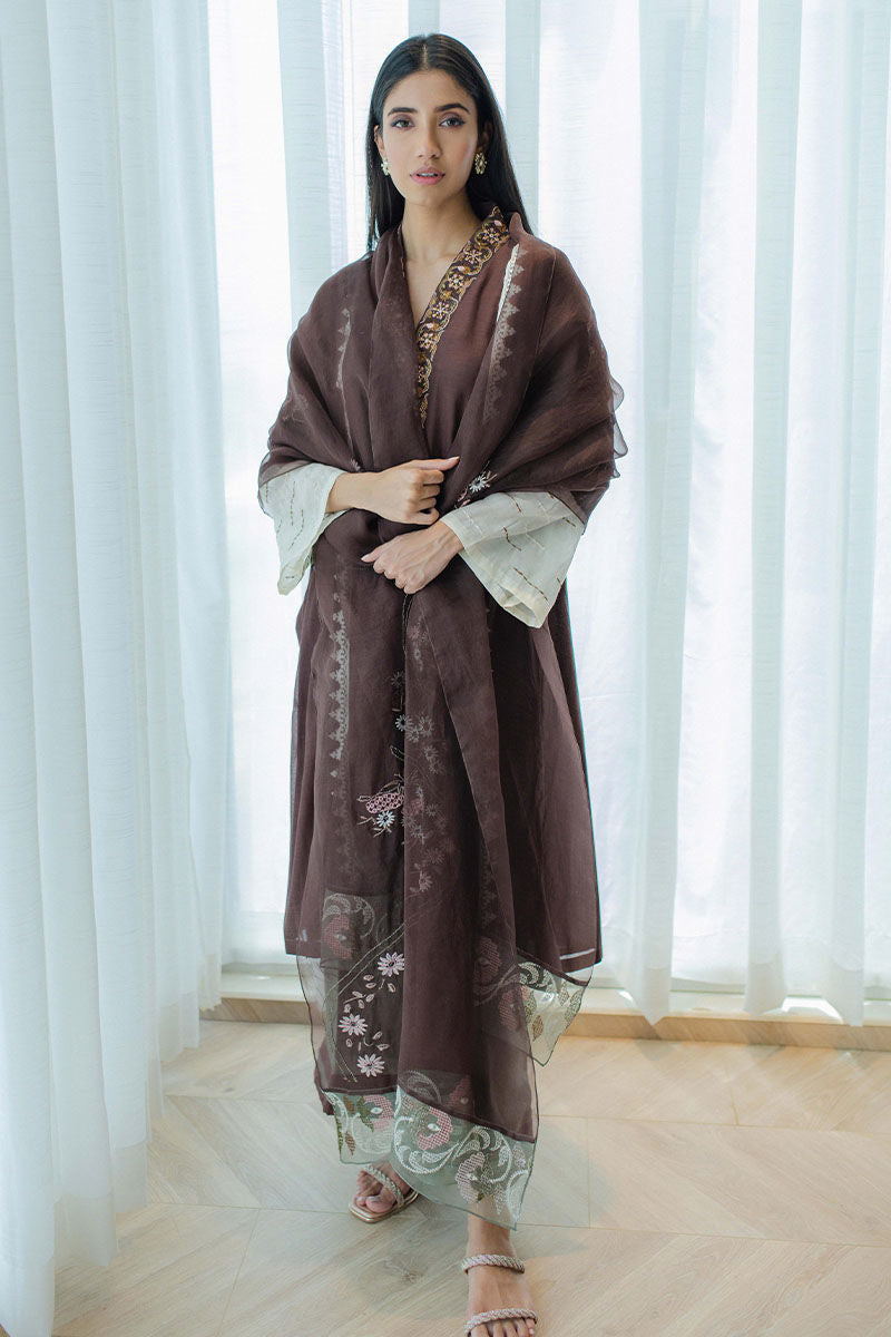 Chestnut Embroidered Kora Cotton Salwar Kameez (3-Piece) - Image 1