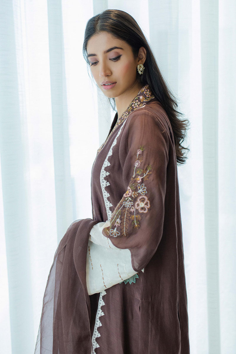 Chestnut Embroidered Kora Cotton Salwar Kameez (3-Piece) - Image 10