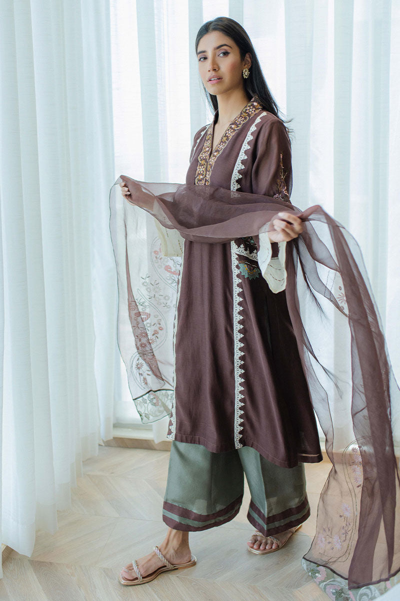 Chestnut Embroidered Kora Cotton Salwar Kameez (3-Piece) - Image 12