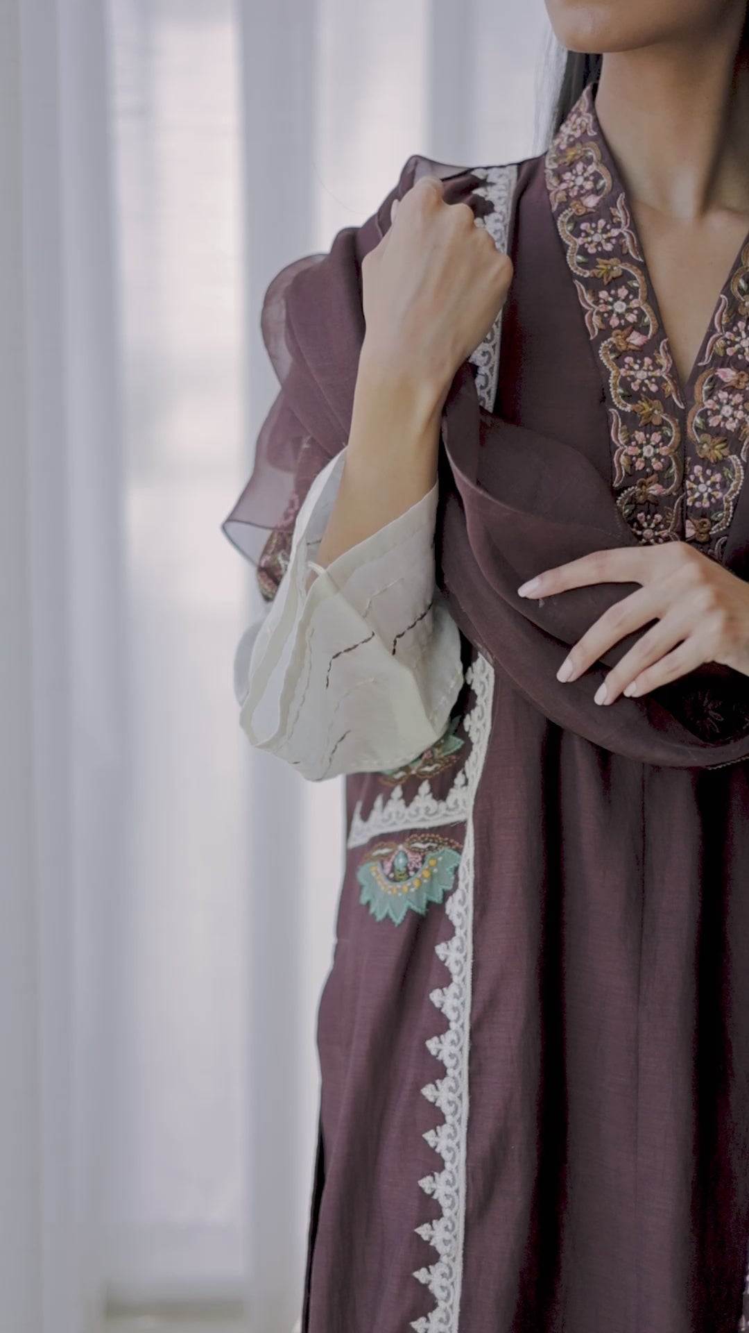 Chestnut Embroidered Kora Cotton Salwar Kameez (3-Piece) - Image 13