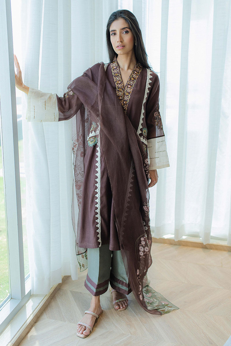 Chestnut Embroidered Kora Cotton Salwar Kameez (3-Piece) - Image 2