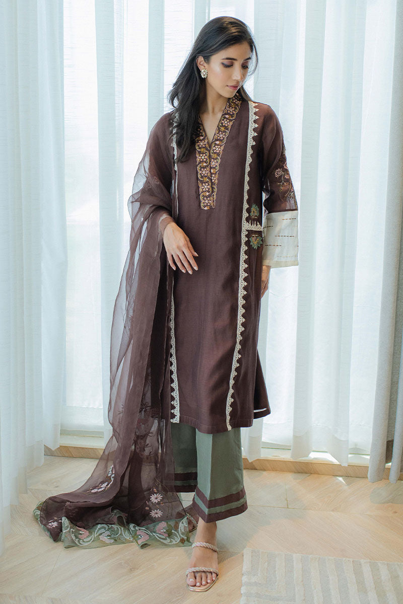 Chestnut Embroidered Kora Cotton Salwar Kameez (3-Piece) - Image 4