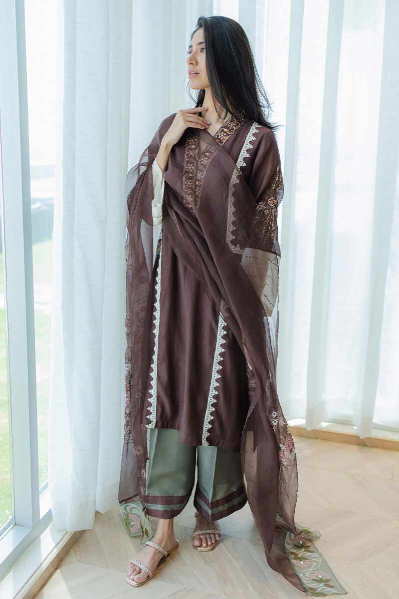 Chestnut Embroidered Kora Cotton Salwar Kameez (3-Piece) - Image 5