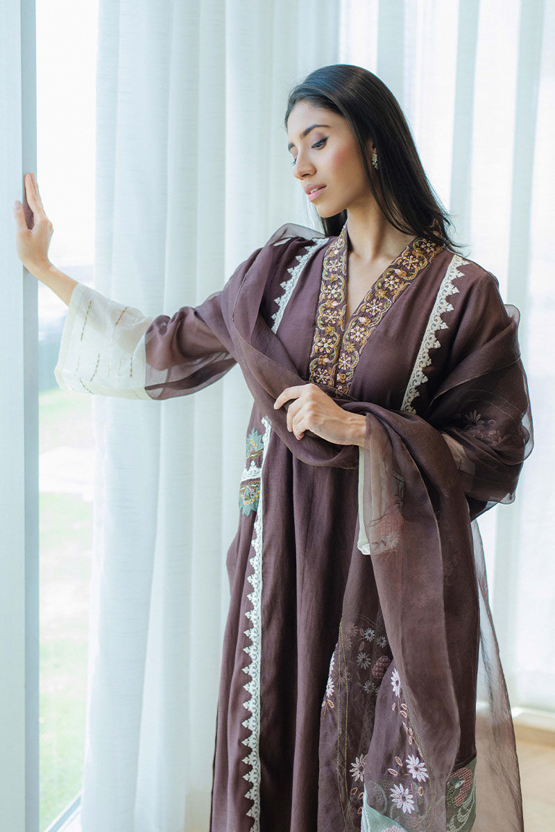 Chestnut Embroidered Kora Cotton Salwar Kameez (3-Piece) - Image 8