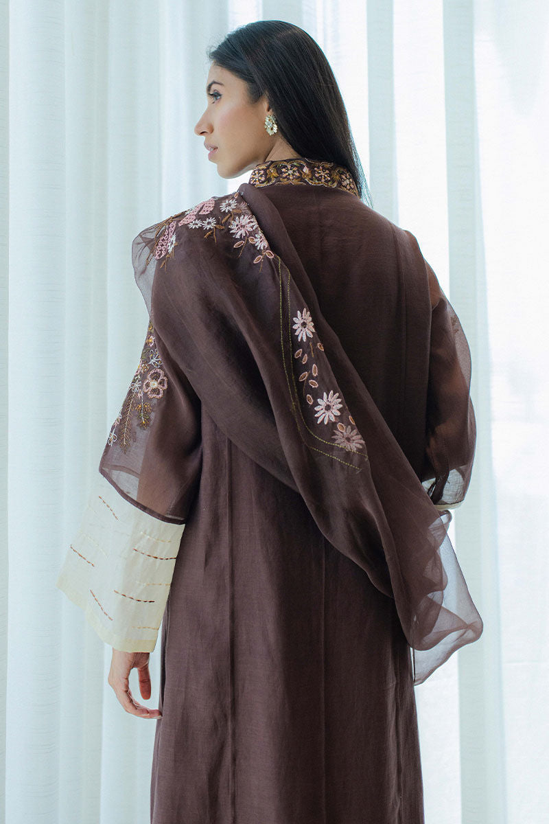 Chestnut Embroidered Kora Cotton Salwar Kameez (3-Piece) - Image 9