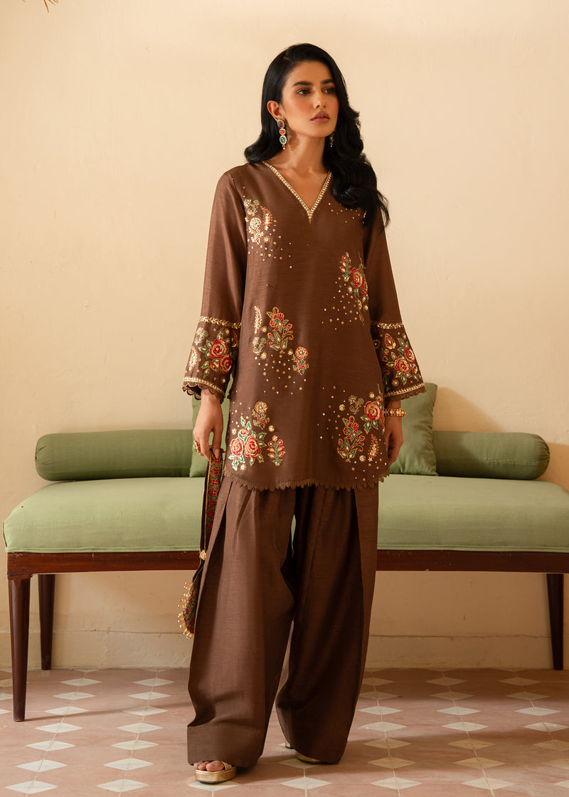 Pakistani Brown Hand Block Printed Korean Raw Silk Salwar Kameez (3-Piece) - Image 1