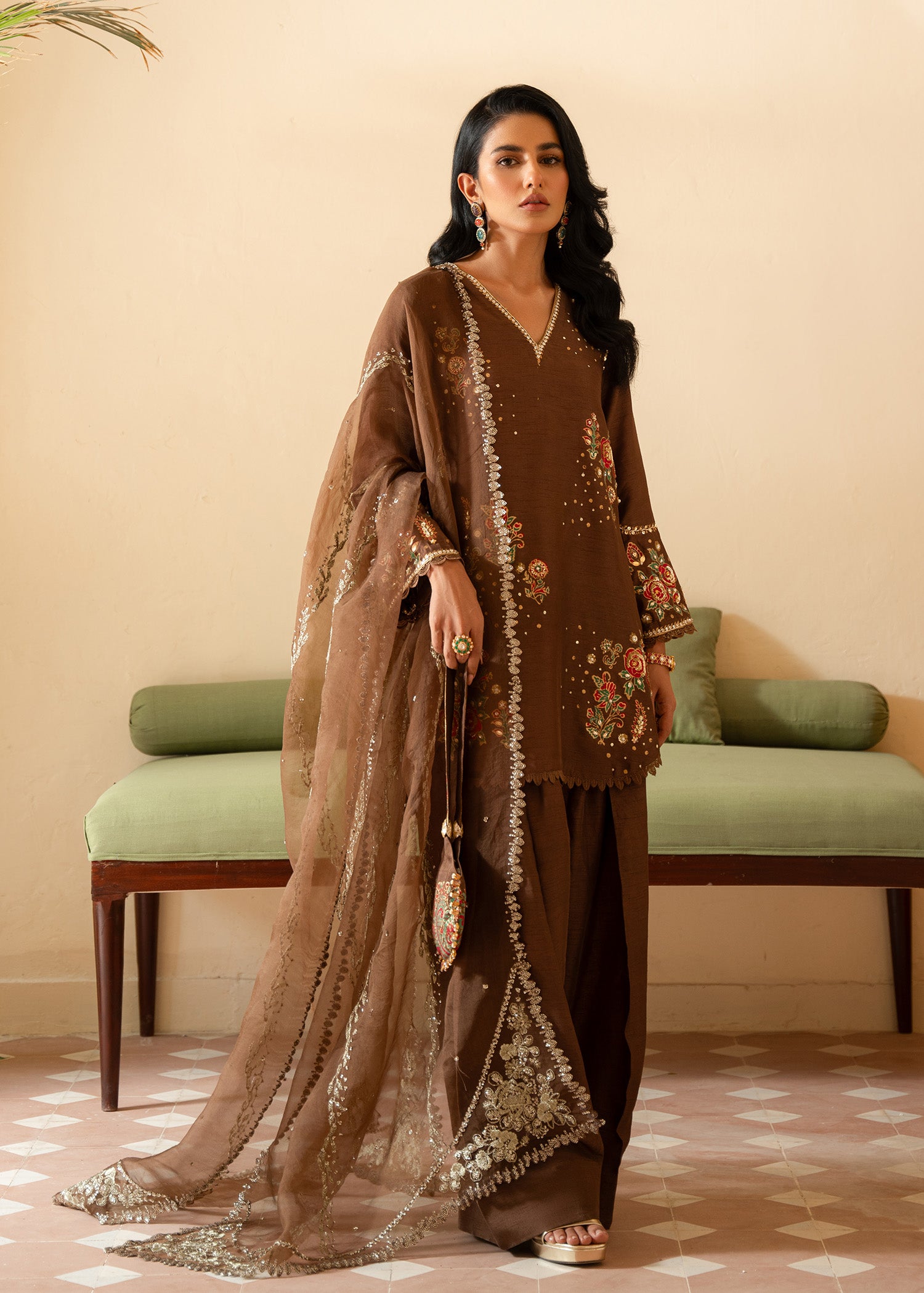 Pakistani Brown Hand Block Printed Korean Raw Silk Salwar Kameez (3-Piece) - Image 4