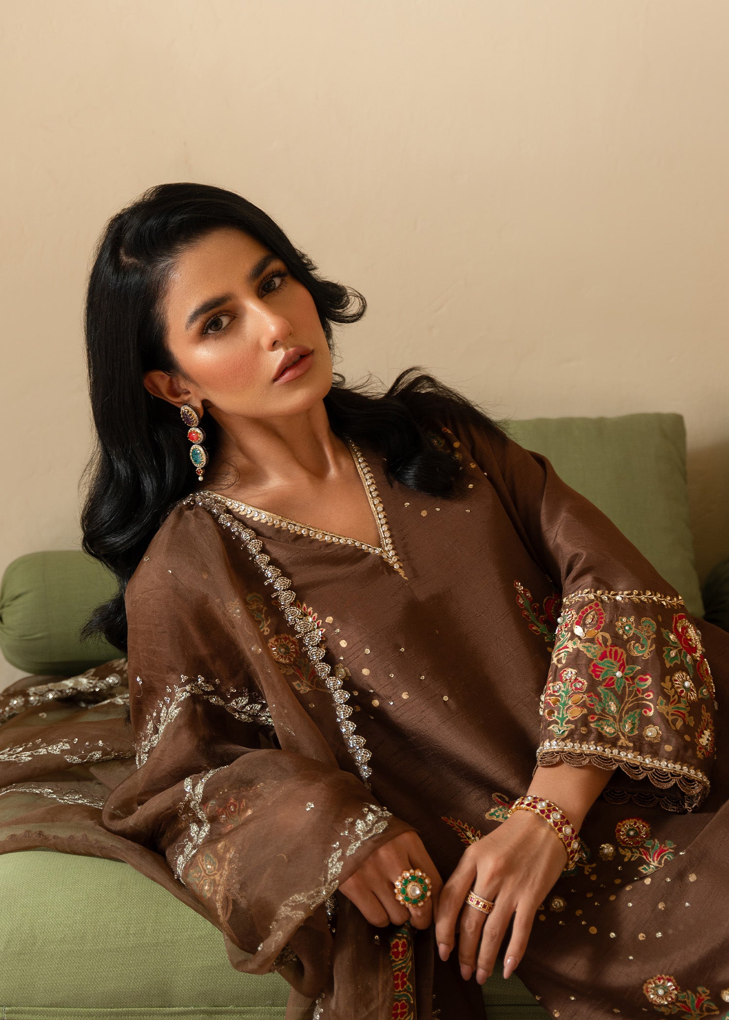 Pakistani Brown Hand Block Printed Korean Raw Silk Salwar Kameez (3-Piece) - Image 5