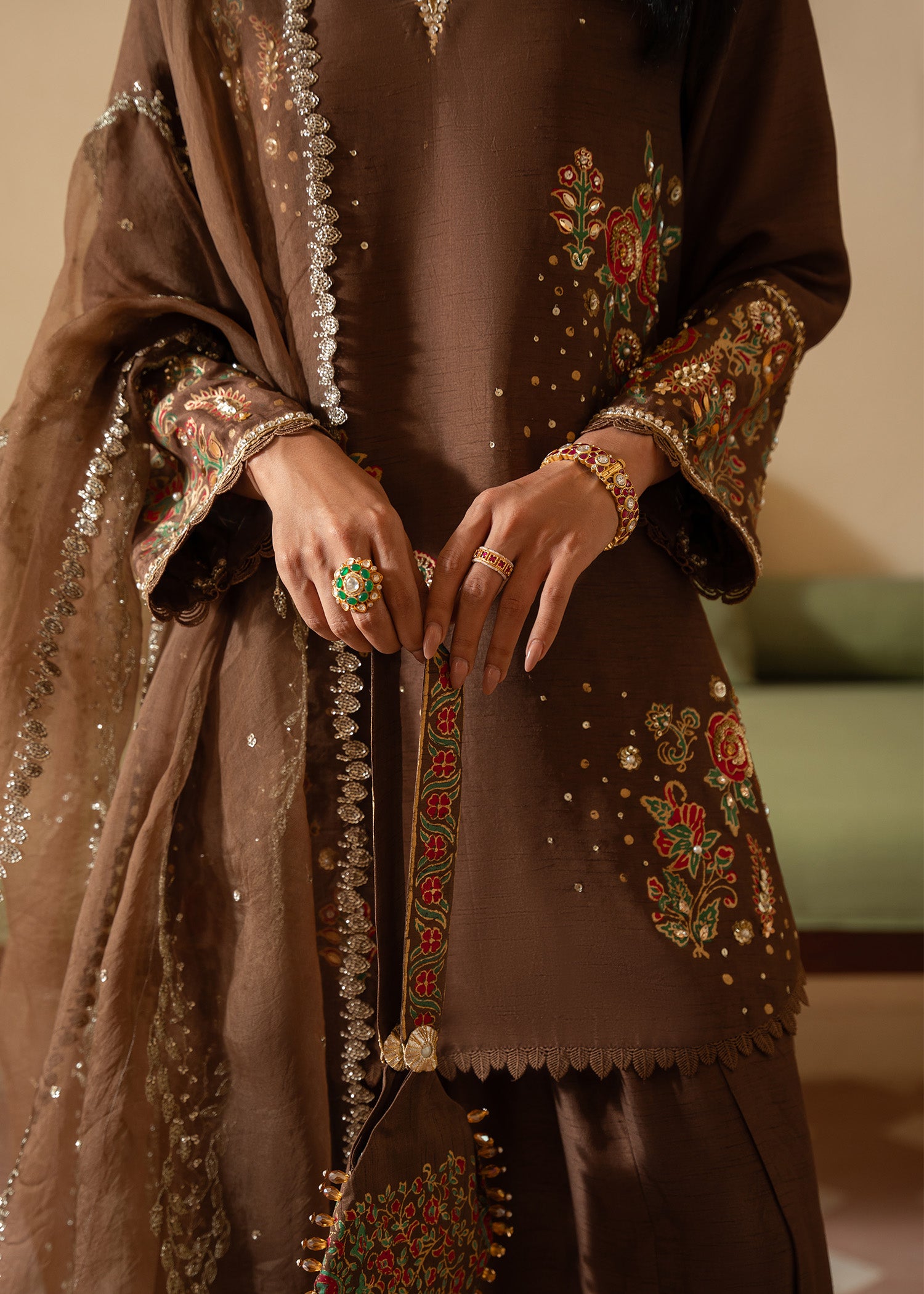 Pakistani Brown Hand Block Printed Korean Raw Silk Salwar Kameez (3-Piece) - Image 6