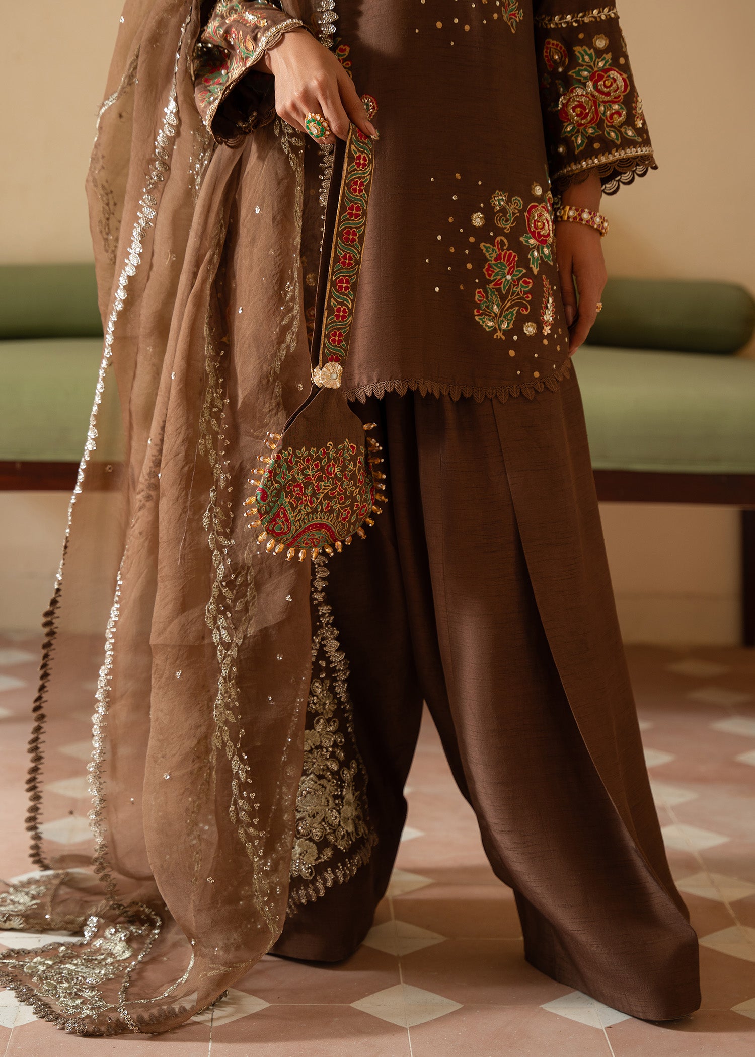 Pakistani Brown Hand Block Printed Korean Raw Silk Salwar Kameez (3-Piece) - Image 7