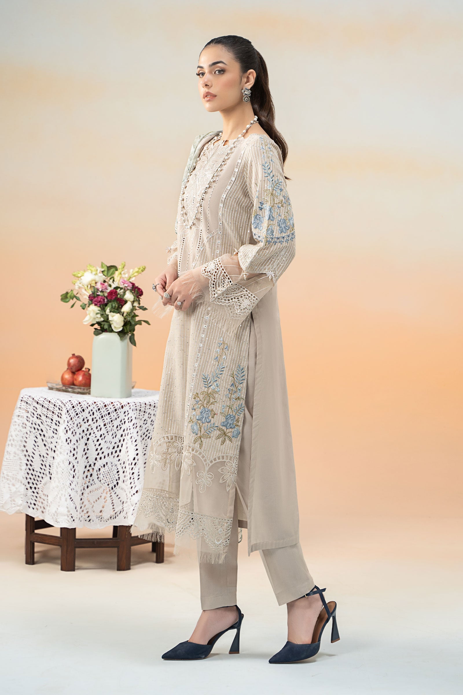Pakistani Coffee Embroidered Lawn Salwar Kameez (3-Piece) - Image 4