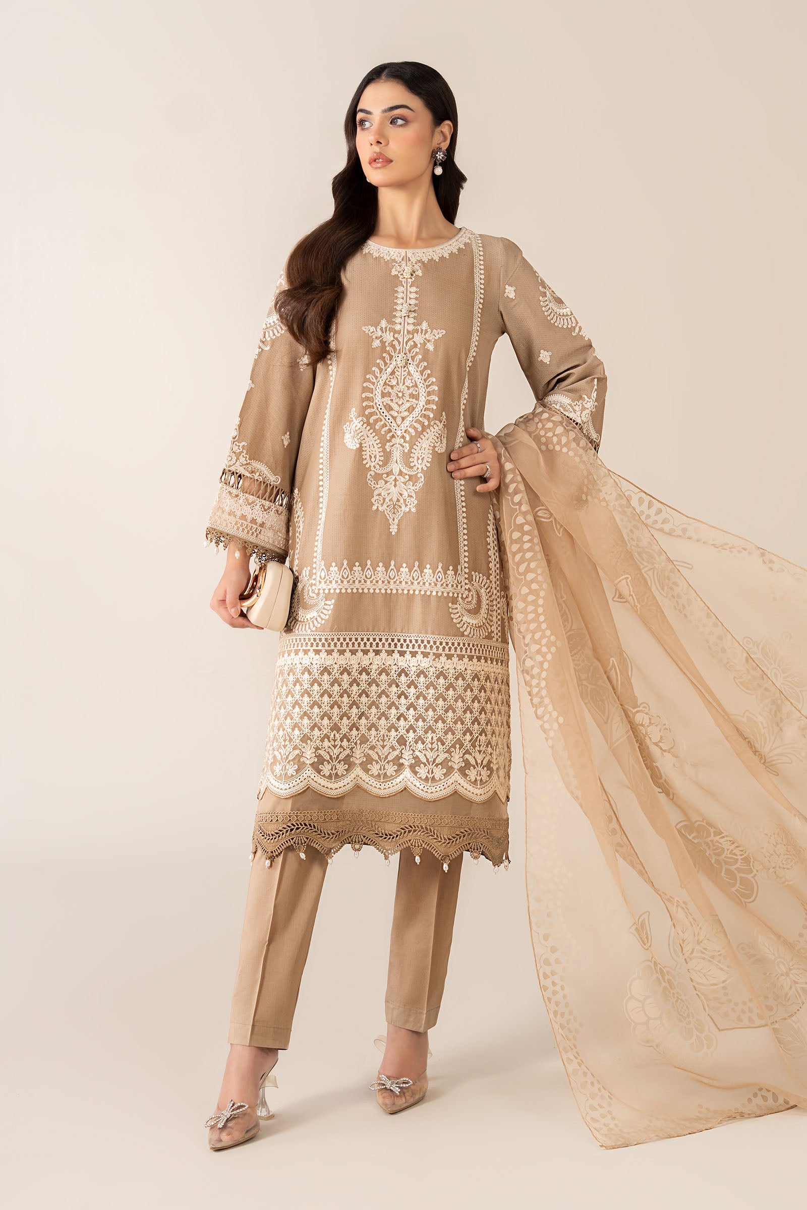 Coffee Embroidered Lawn Salwar Kameez (3-Piece) - Image 1