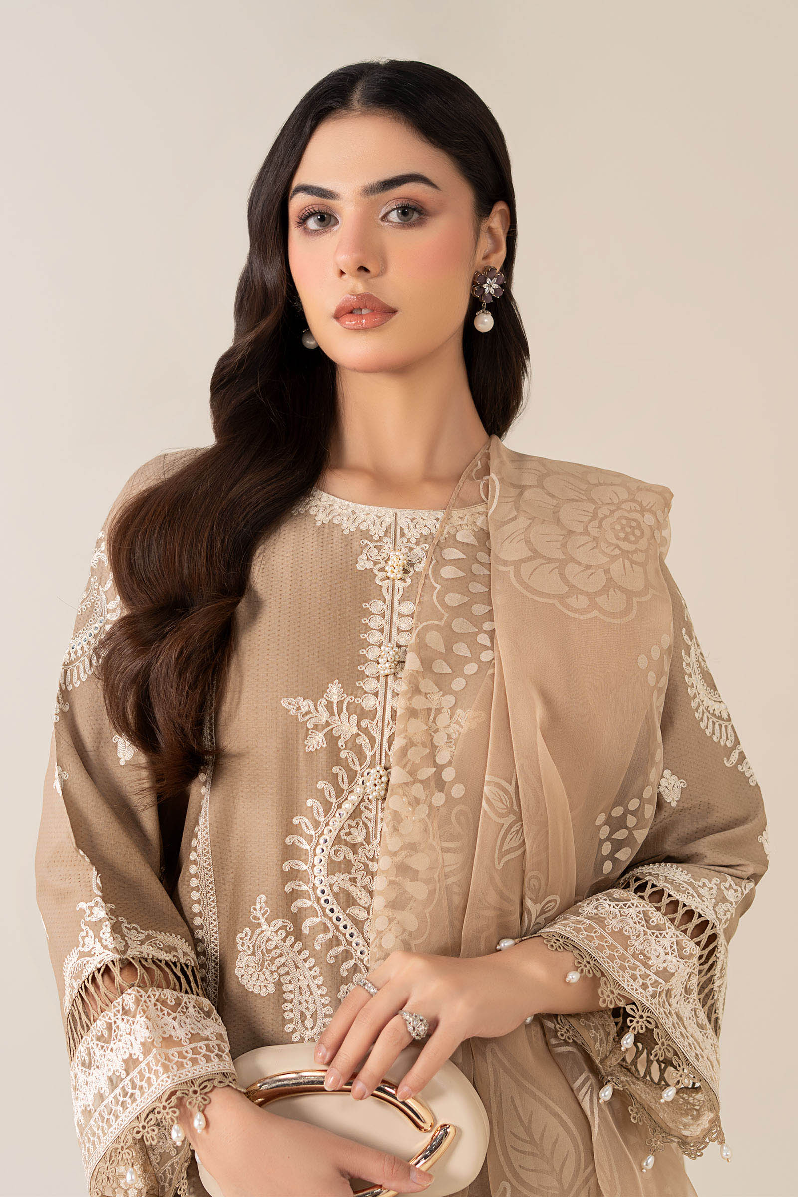 Coffee Embroidered Lawn Salwar Kameez (3-Piece) - Image 3