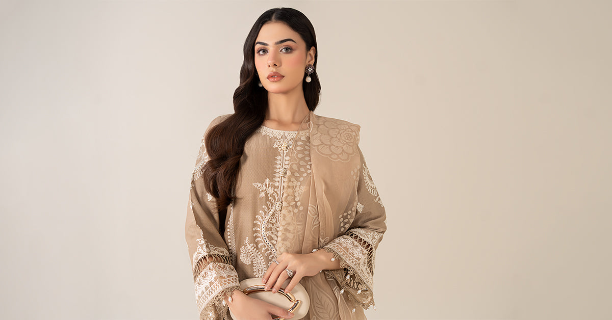 Coffee Embroidered Lawn Salwar Kameez (3-Piece) - Image 8