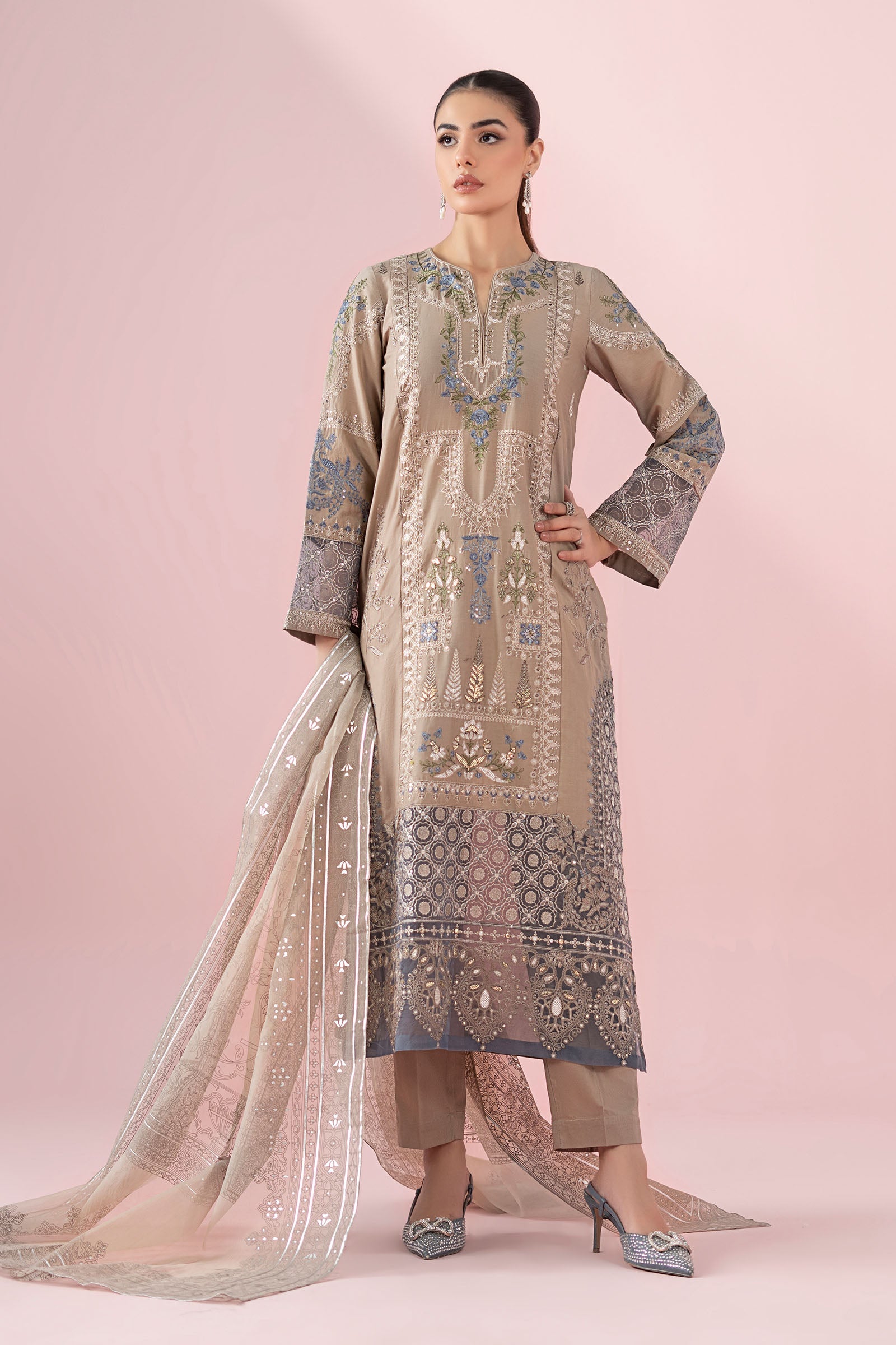 Pakistani Coffee Embroidered Lawn Straight-Cut Suit (3-Piece) - Image 1