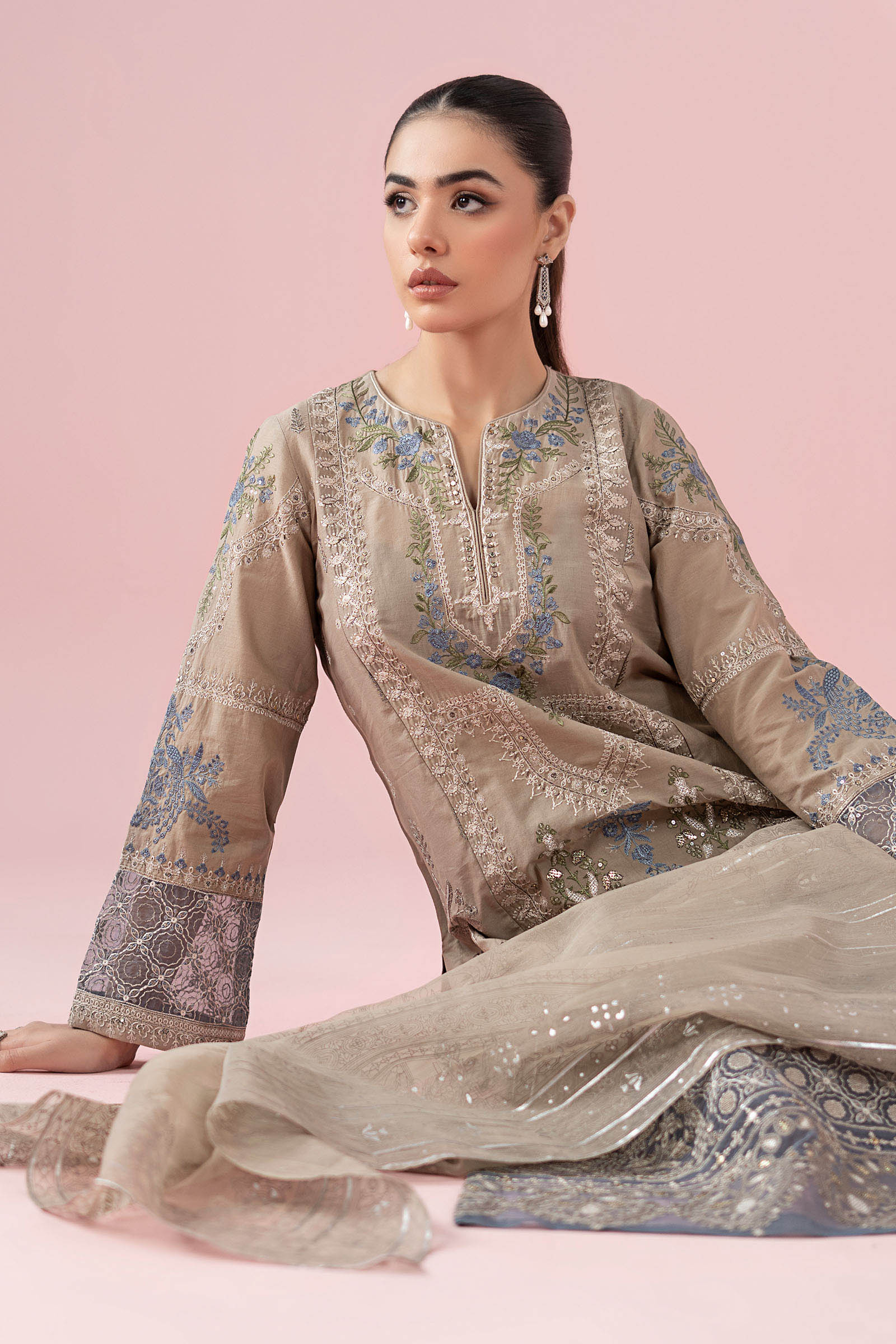 Pakistani Coffee Embroidered Lawn Straight-Cut Suit (3-Piece) - Image 2