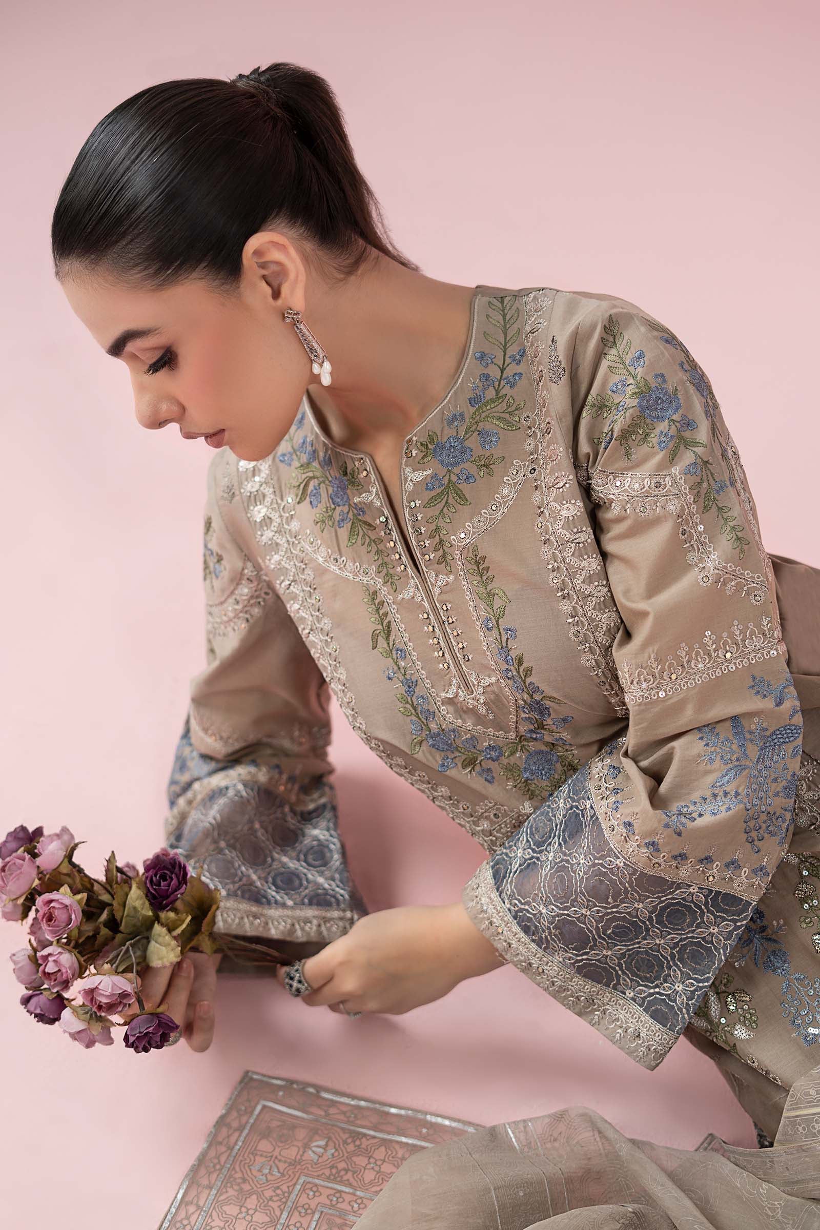 Pakistani Coffee Embroidered Lawn Straight-Cut Suit (3-Piece) - Image 3