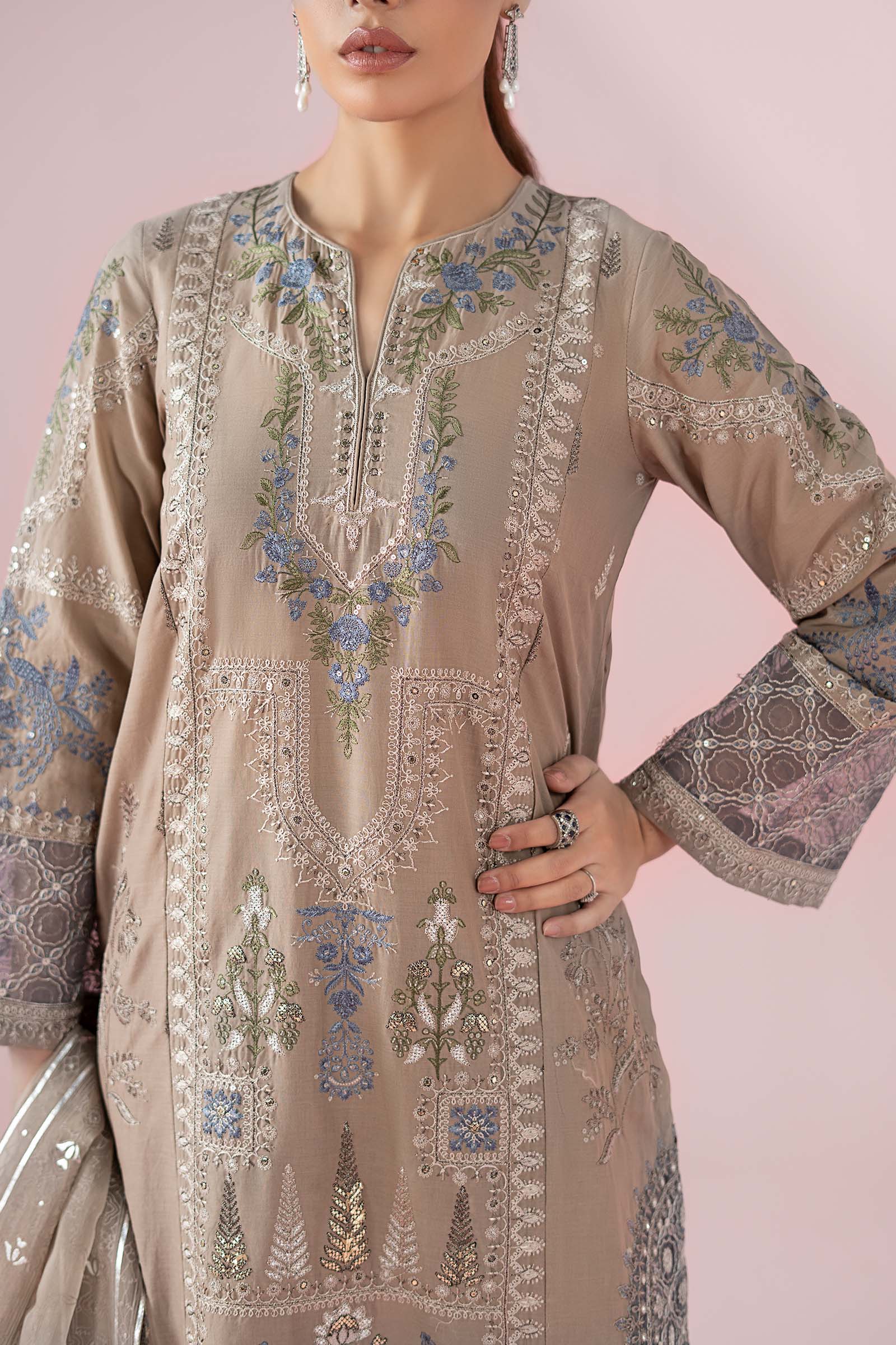 Pakistani Coffee Embroidered Lawn Straight-Cut Suit (3-Piece) - Image 4