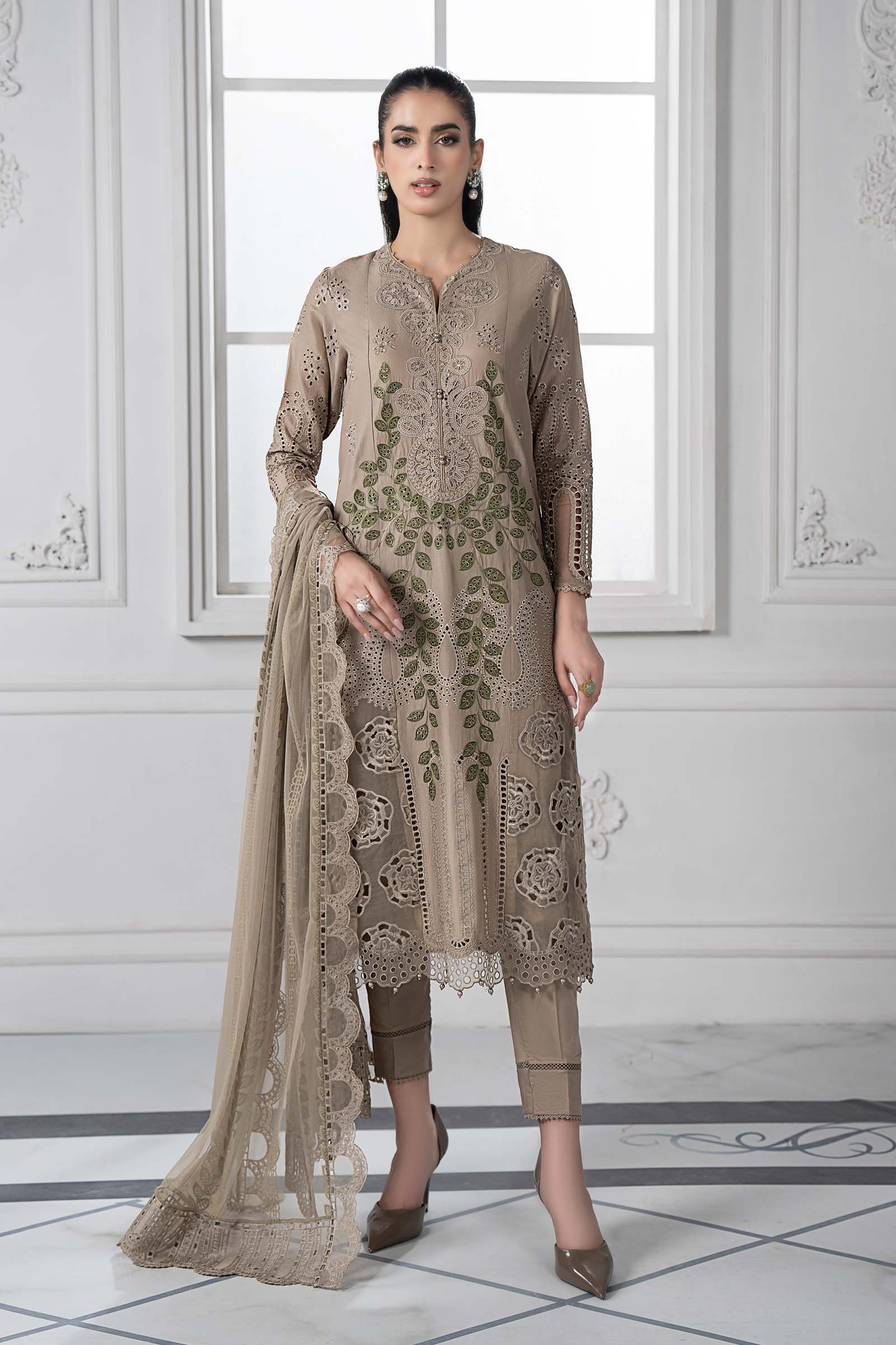 Pakistani Coffee Embroidered Lawn Straight-Cut Suit (3-Piece) - Image 1