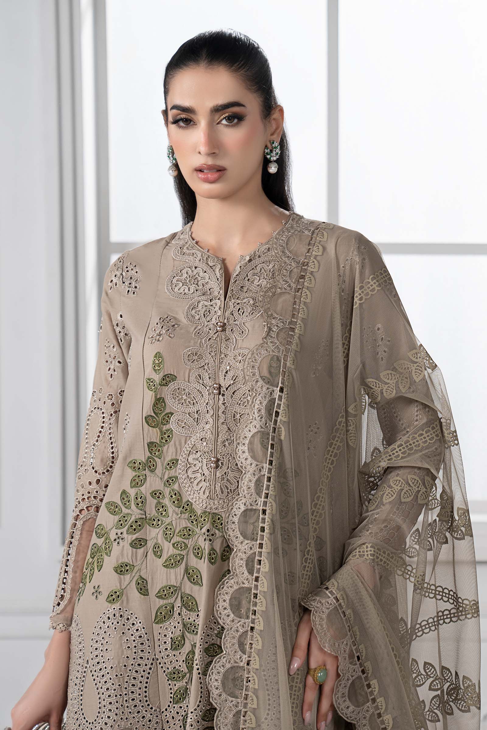 Pakistani Coffee Embroidered Lawn Straight-Cut Suit (3-Piece) - Image 2