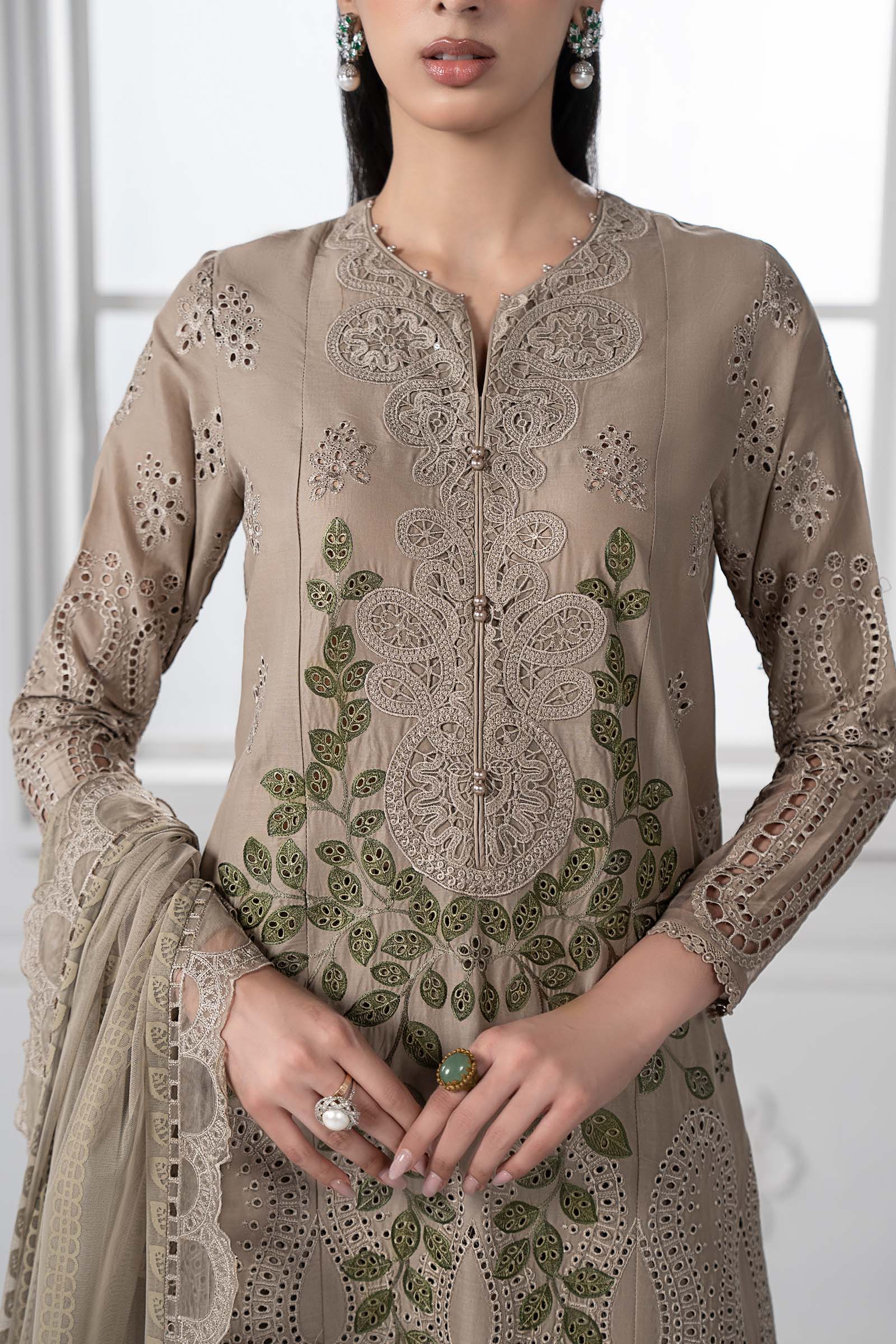Pakistani Coffee Embroidered Lawn Straight-Cut Suit (3-Piece) - Image 3