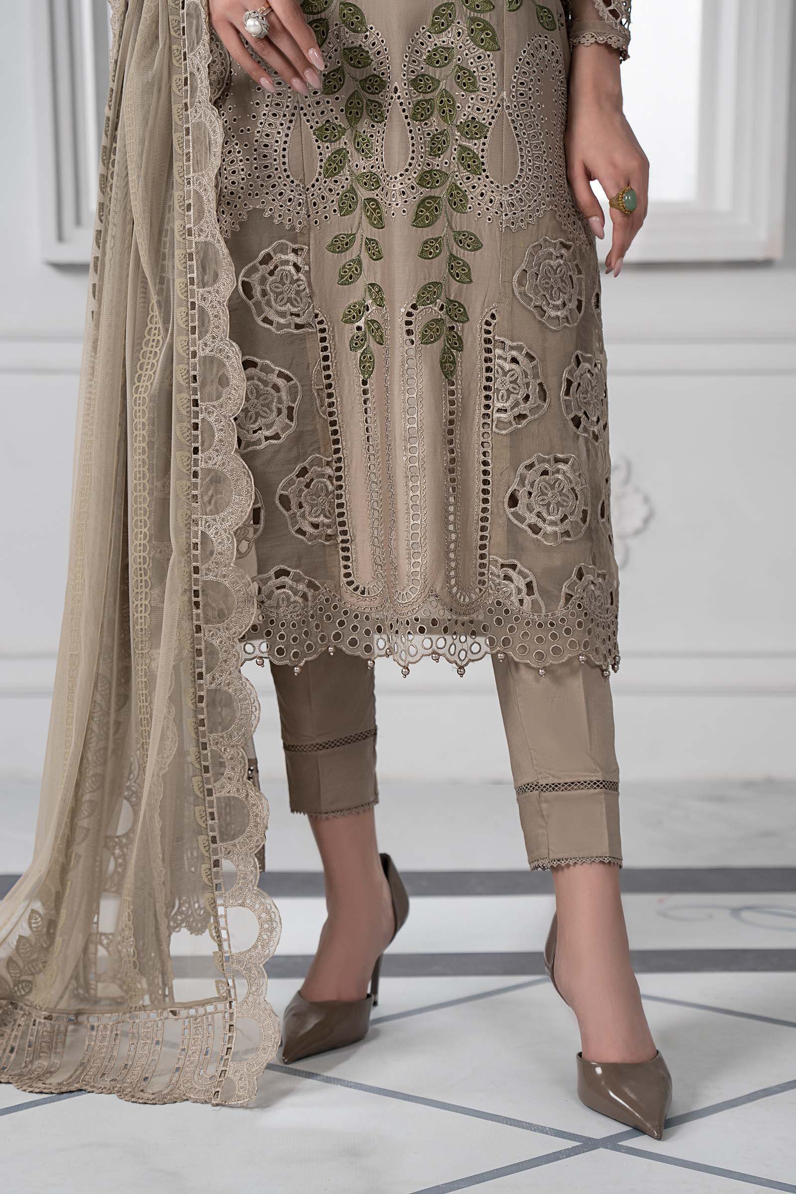 Pakistani Coffee Embroidered Lawn Straight-Cut Suit (3-Piece) - Image 4