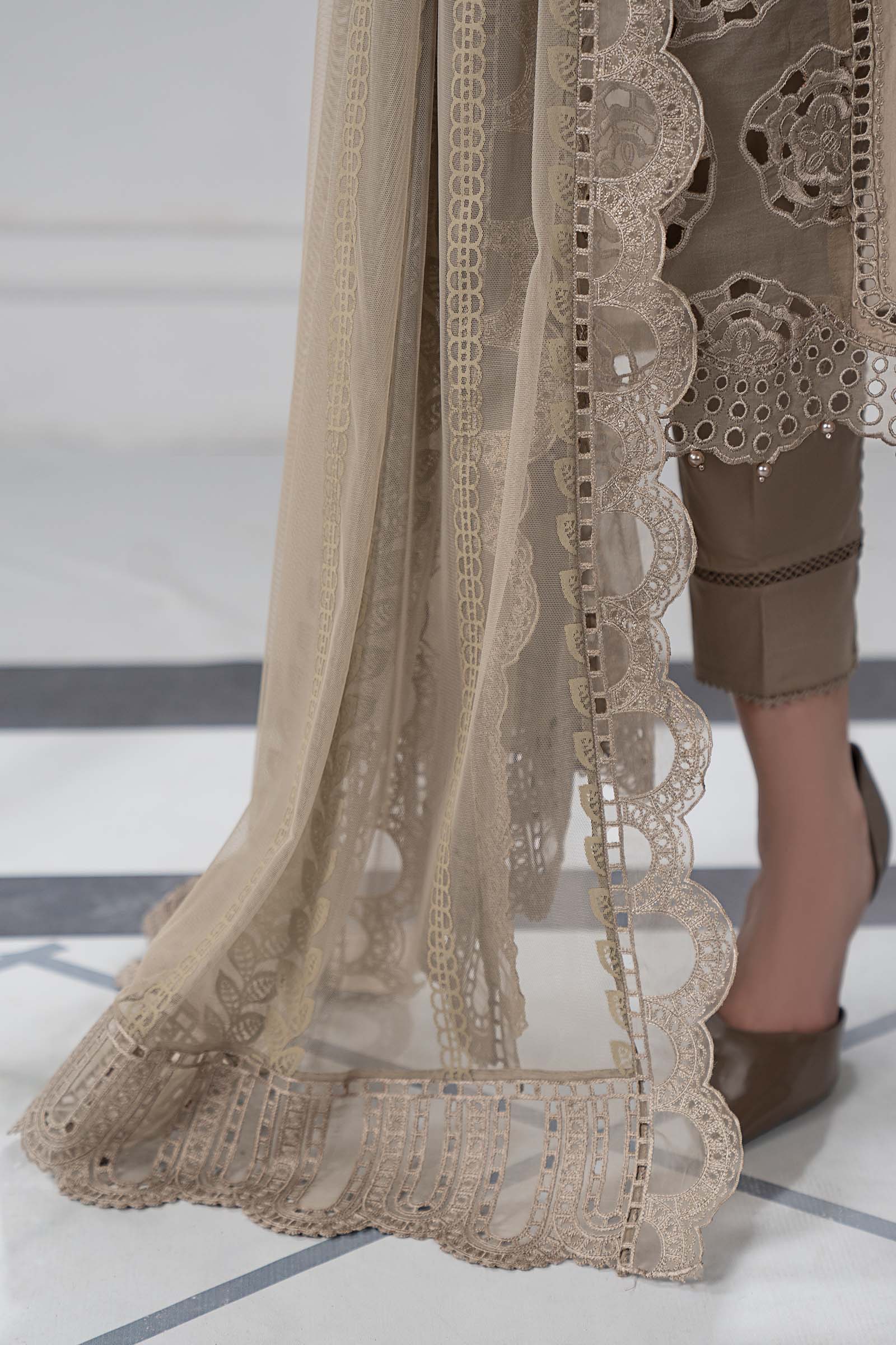 Pakistani Coffee Embroidered Lawn Straight-Cut Suit (3-Piece) - Image 5