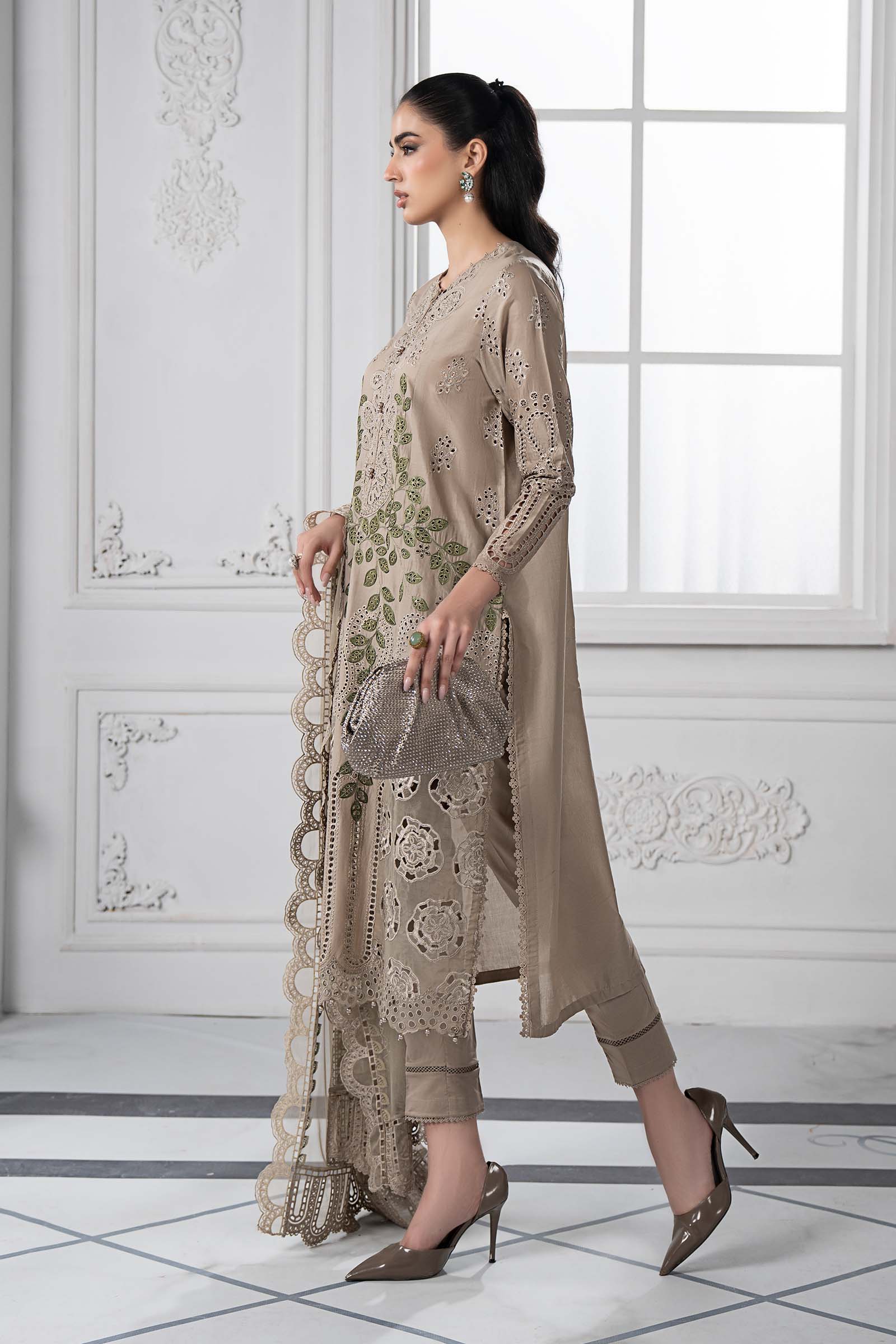 Pakistani Coffee Embroidered Lawn Straight-Cut Suit (3-Piece) - Image 6