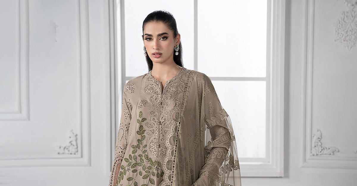 Pakistani Coffee Embroidered Lawn Straight-Cut Suit (3-Piece) - Image 8