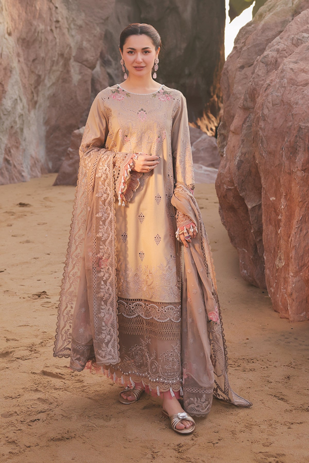 Pakistani Brown Embroidered Lawn & Chiffon Salwar Kameez (3-Piece) - Image 1