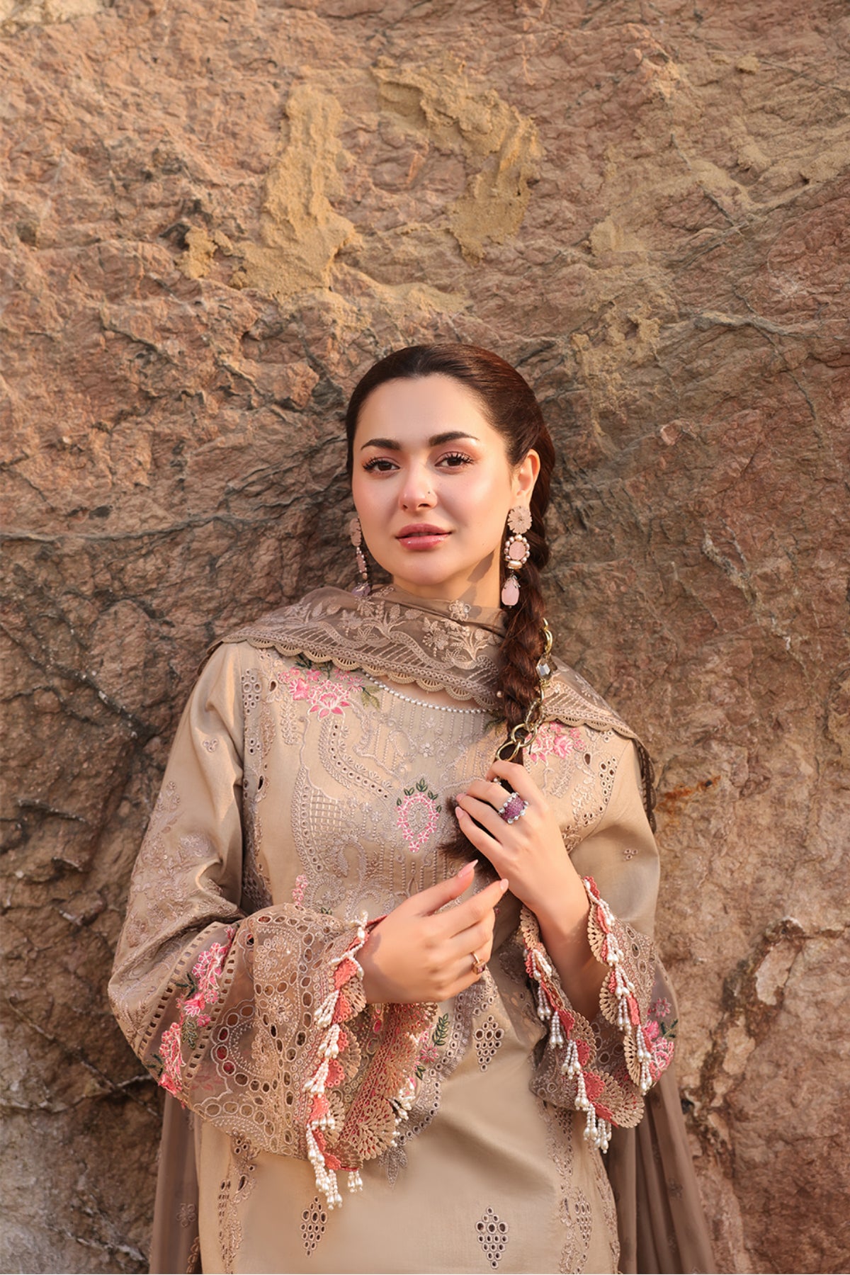 Pakistani Brown Embroidered Lawn & Chiffon Salwar Kameez (3-Piece) - Image 2