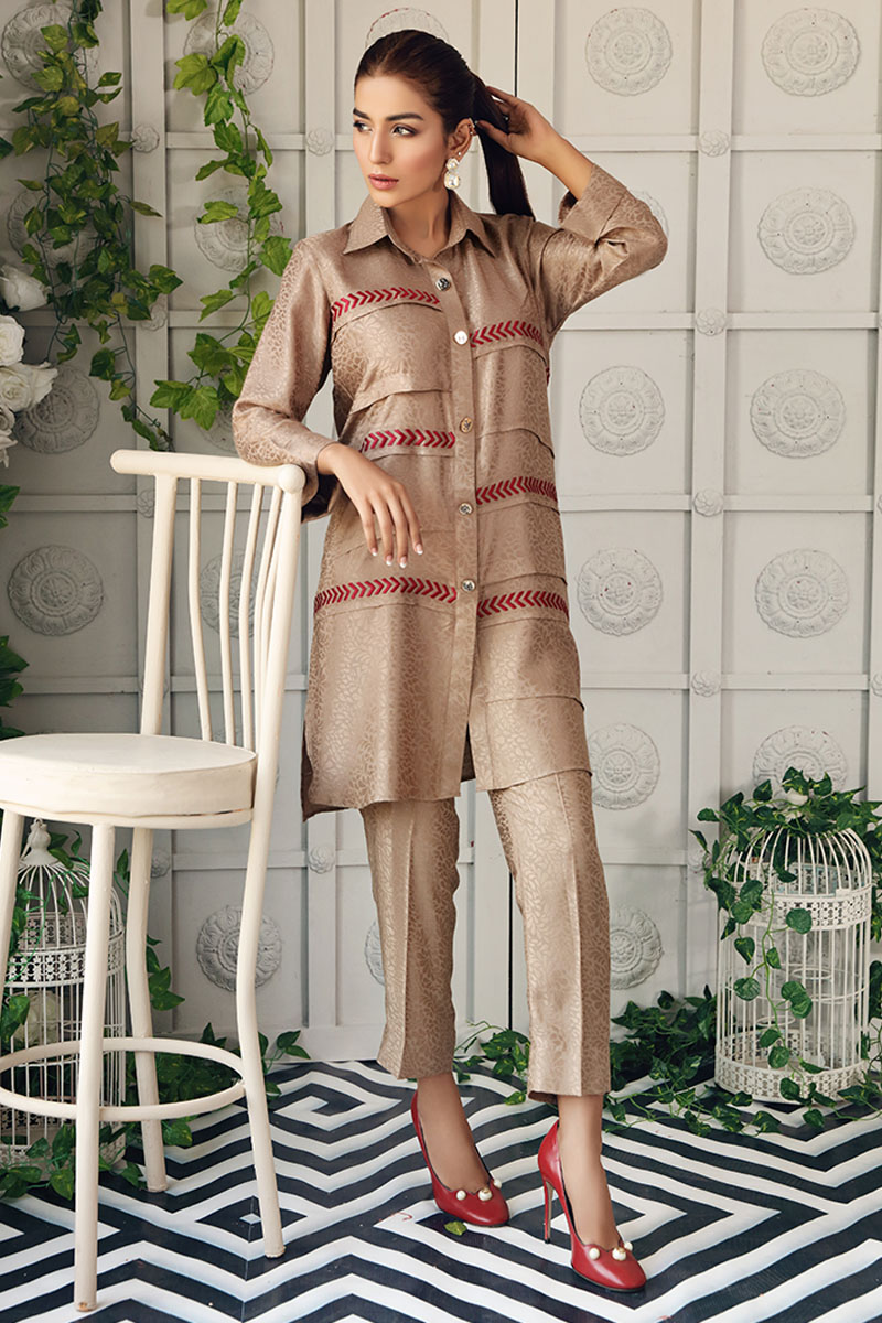 Coffee Embroidered Linen Salwar Kameez (2-Piece) - Image 1