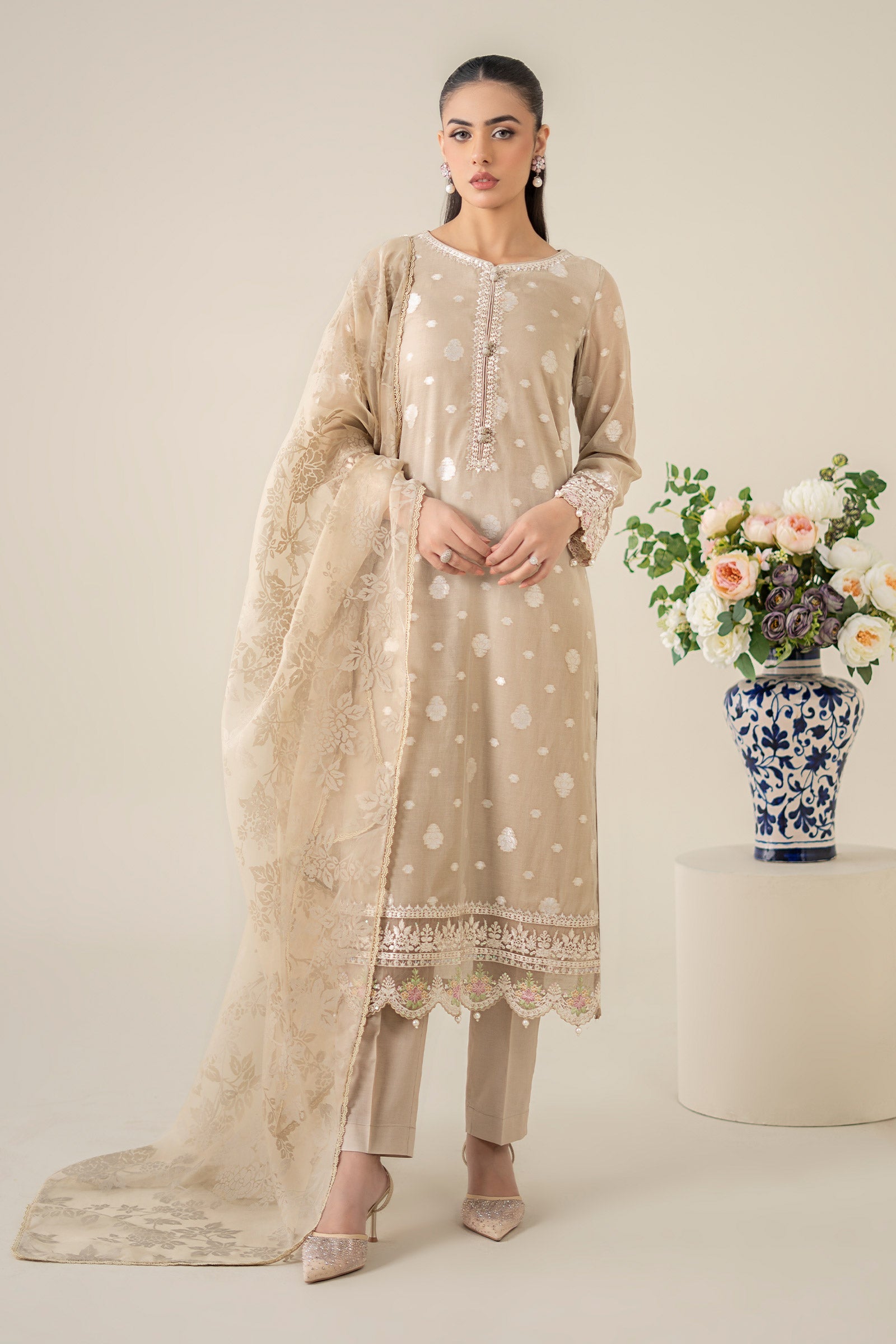 Pakistani Coffee Embroidered Paper Cotton Jacquard Suit (3-Piece) - Image 2