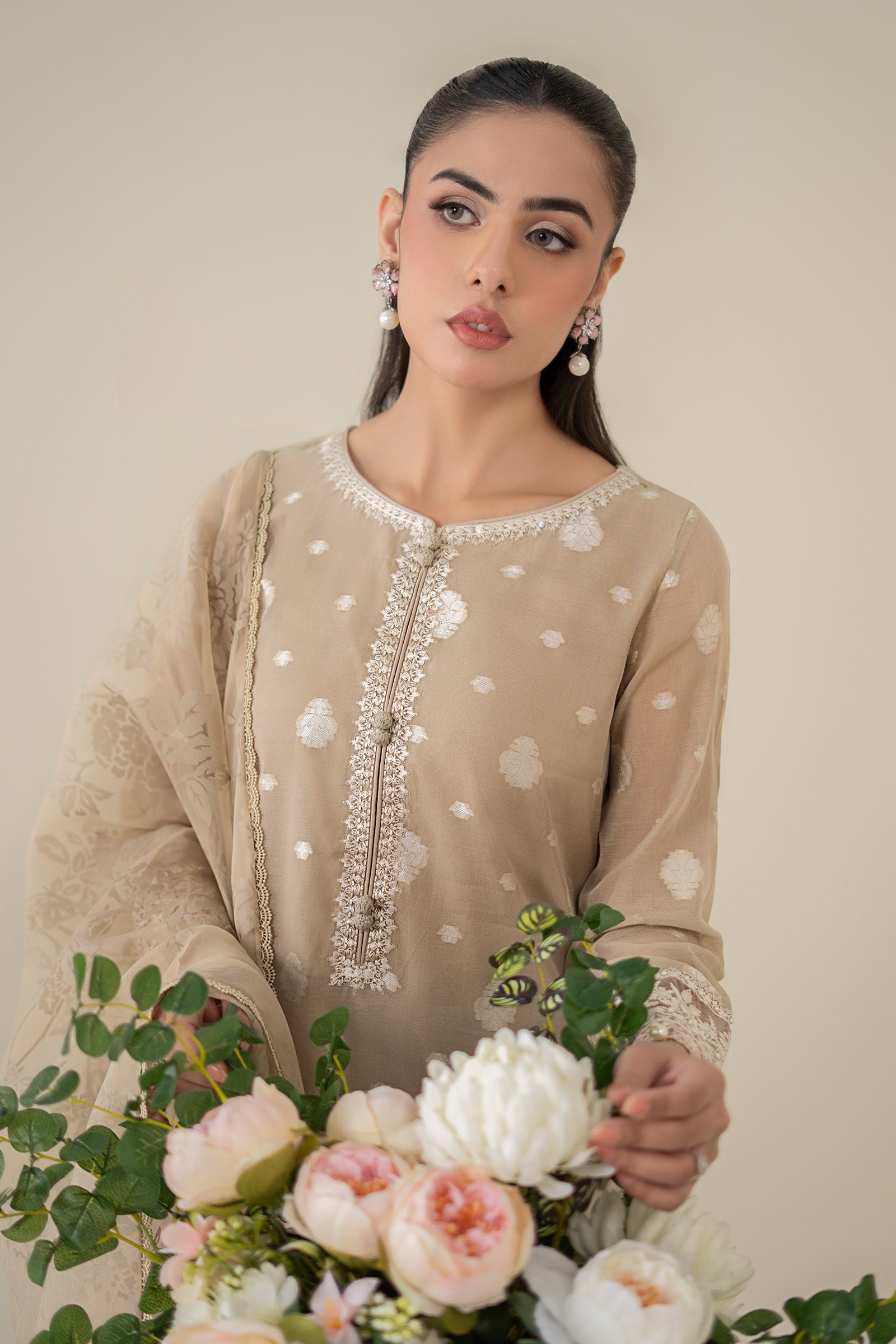 Pakistani Coffee Embroidered Paper Cotton Jacquard Suit (3-Piece) - Image 3