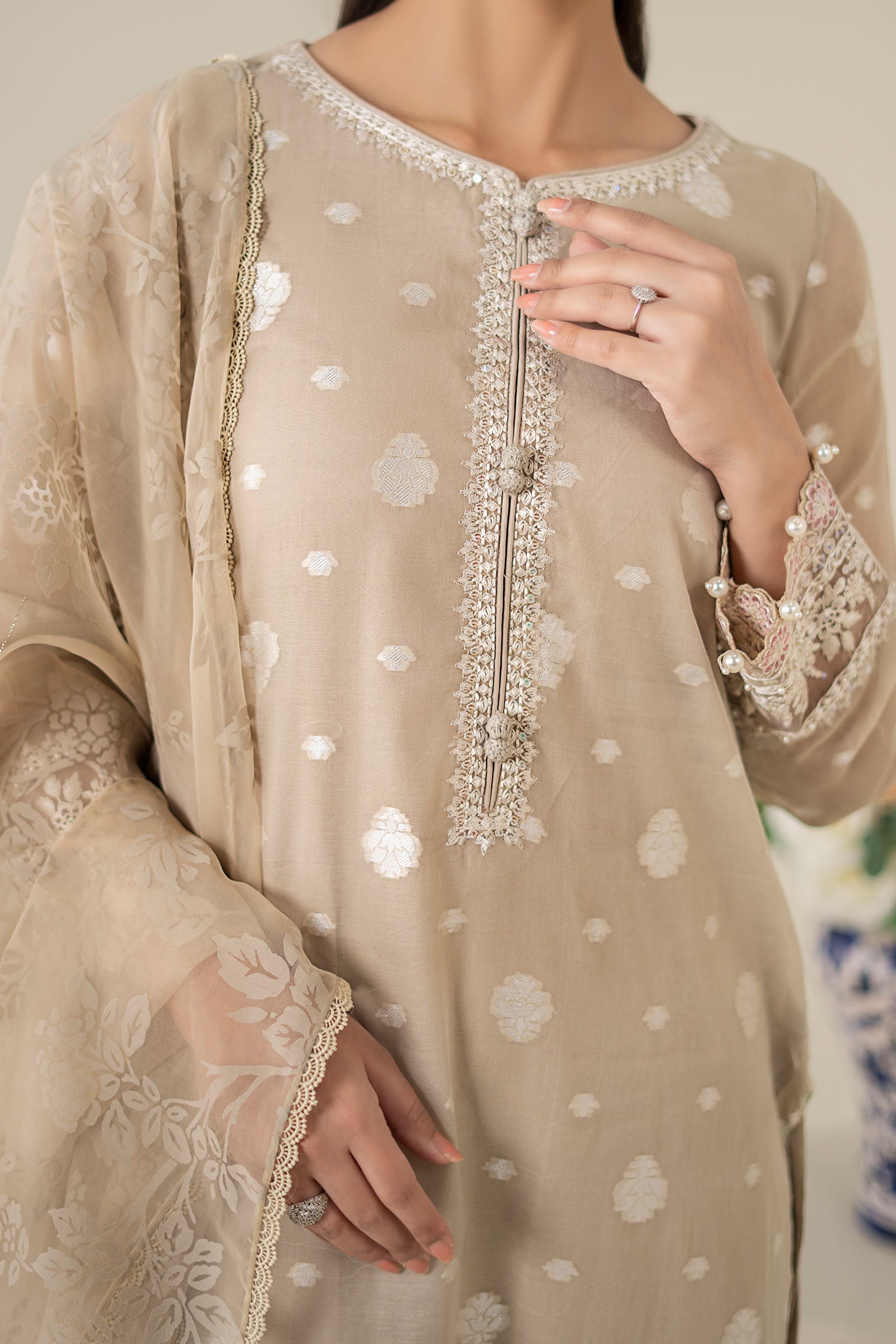 Pakistani Coffee Embroidered Paper Cotton Jacquard Suit (3-Piece) - Image 4