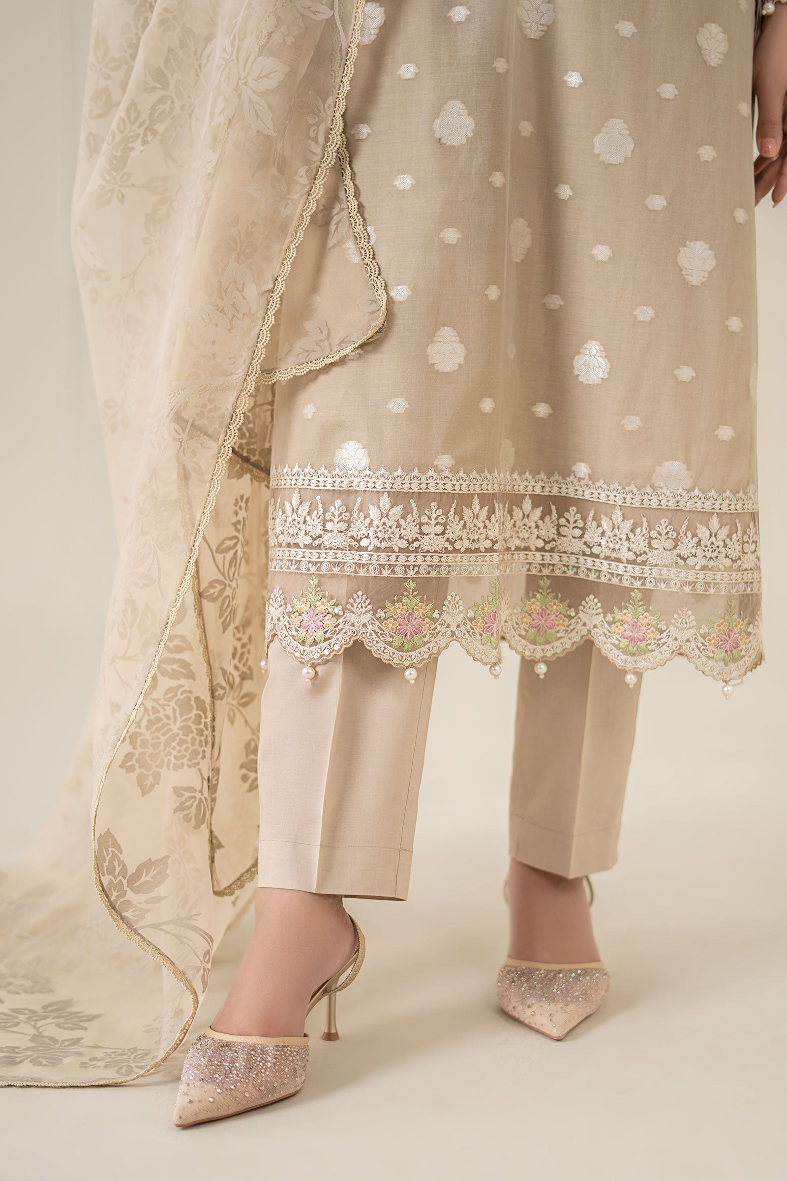 Pakistani Coffee Embroidered Paper Cotton Jacquard Suit (3-Piece) - Image 5