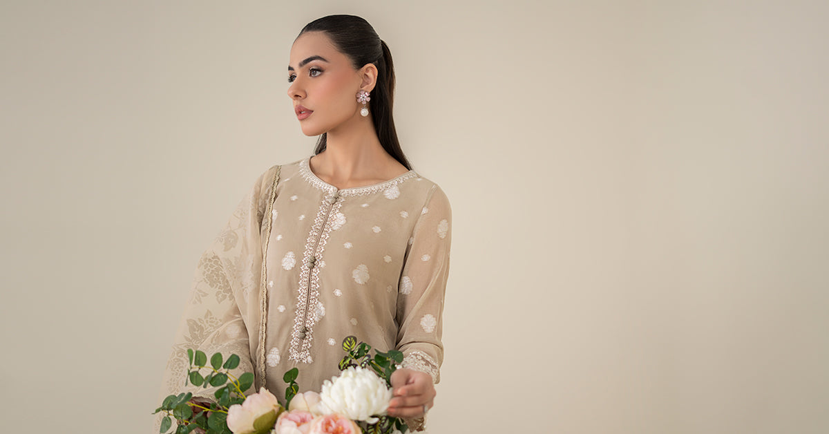 Pakistani Coffee Embroidered Paper Cotton Jacquard Suit (3-Piece) - Image 8