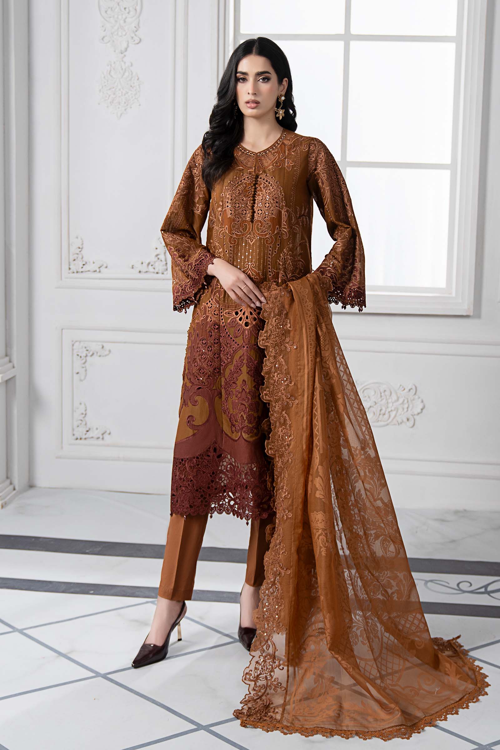 Rust Embroidered Paper Cotton Salwar Kameez (3-Piece) - Image 1