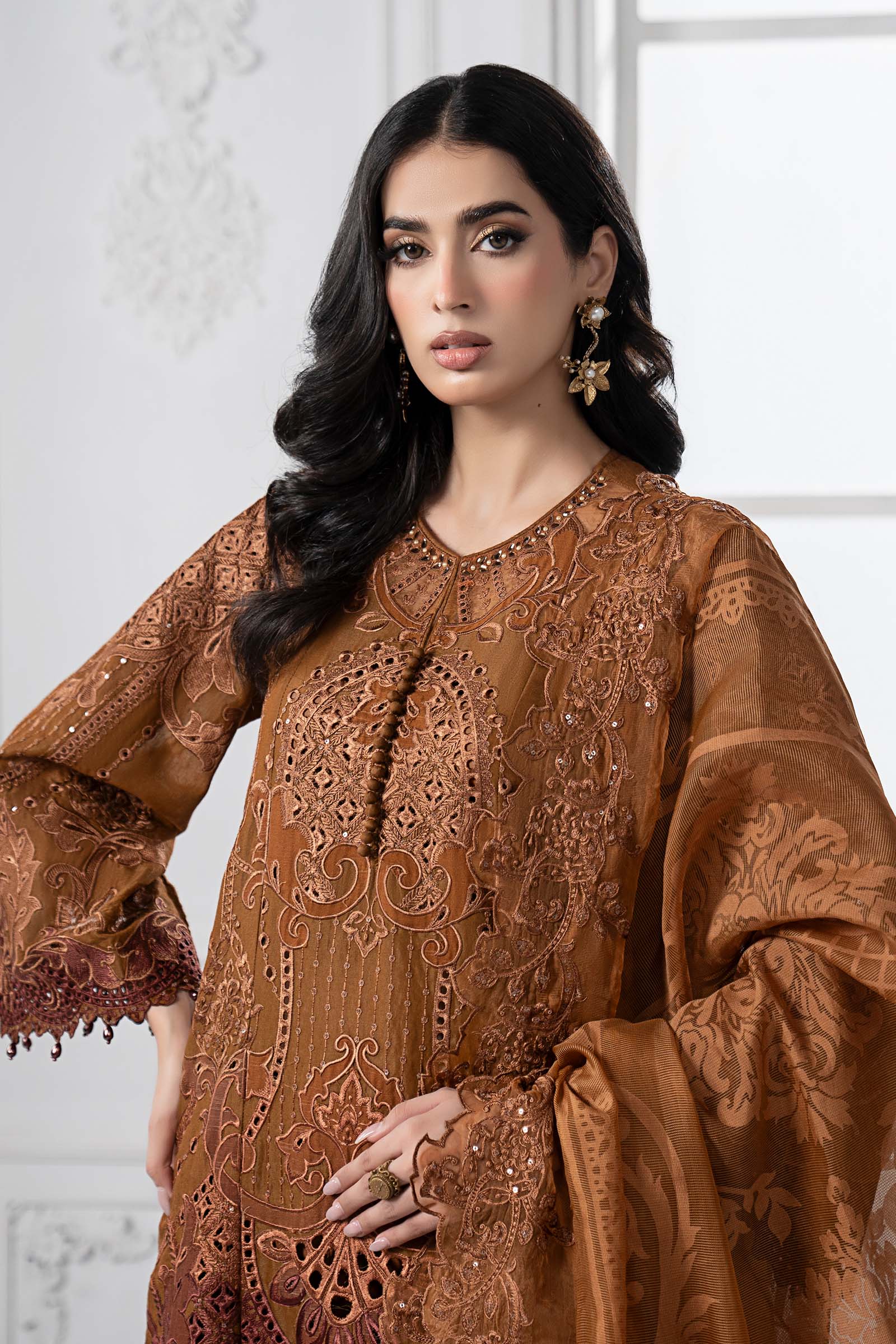 Rust Embroidered Paper Cotton Salwar Kameez (3-Piece) - Image 2