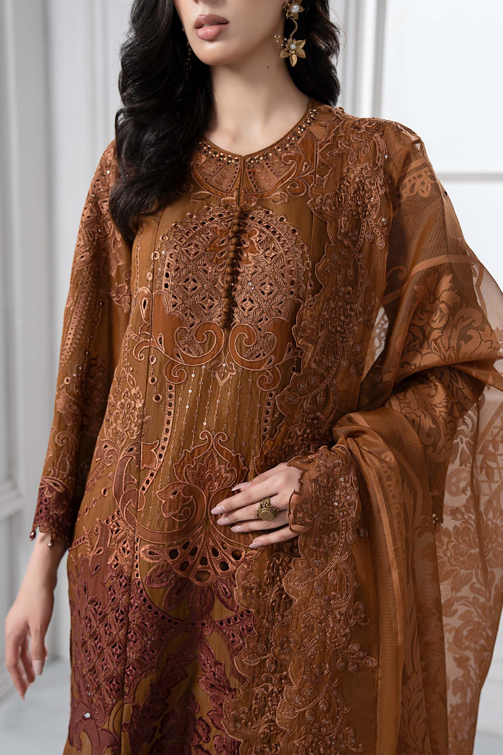 Rust Embroidered Paper Cotton Salwar Kameez (3-Piece) - Image 3
