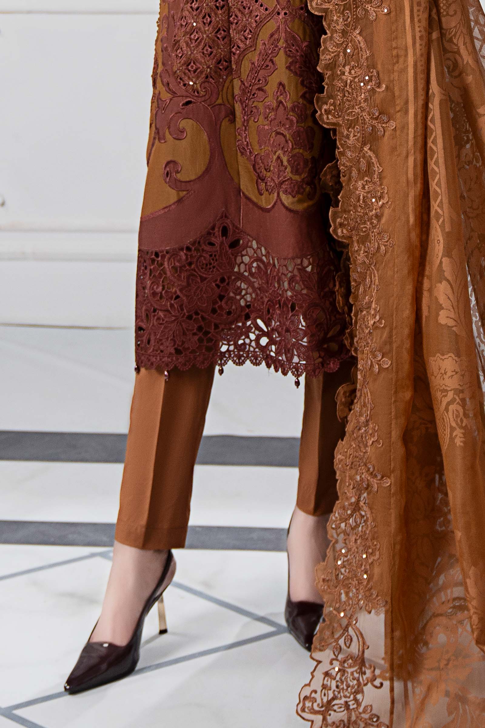 Rust Embroidered Paper Cotton Salwar Kameez (3-Piece) - Image 4