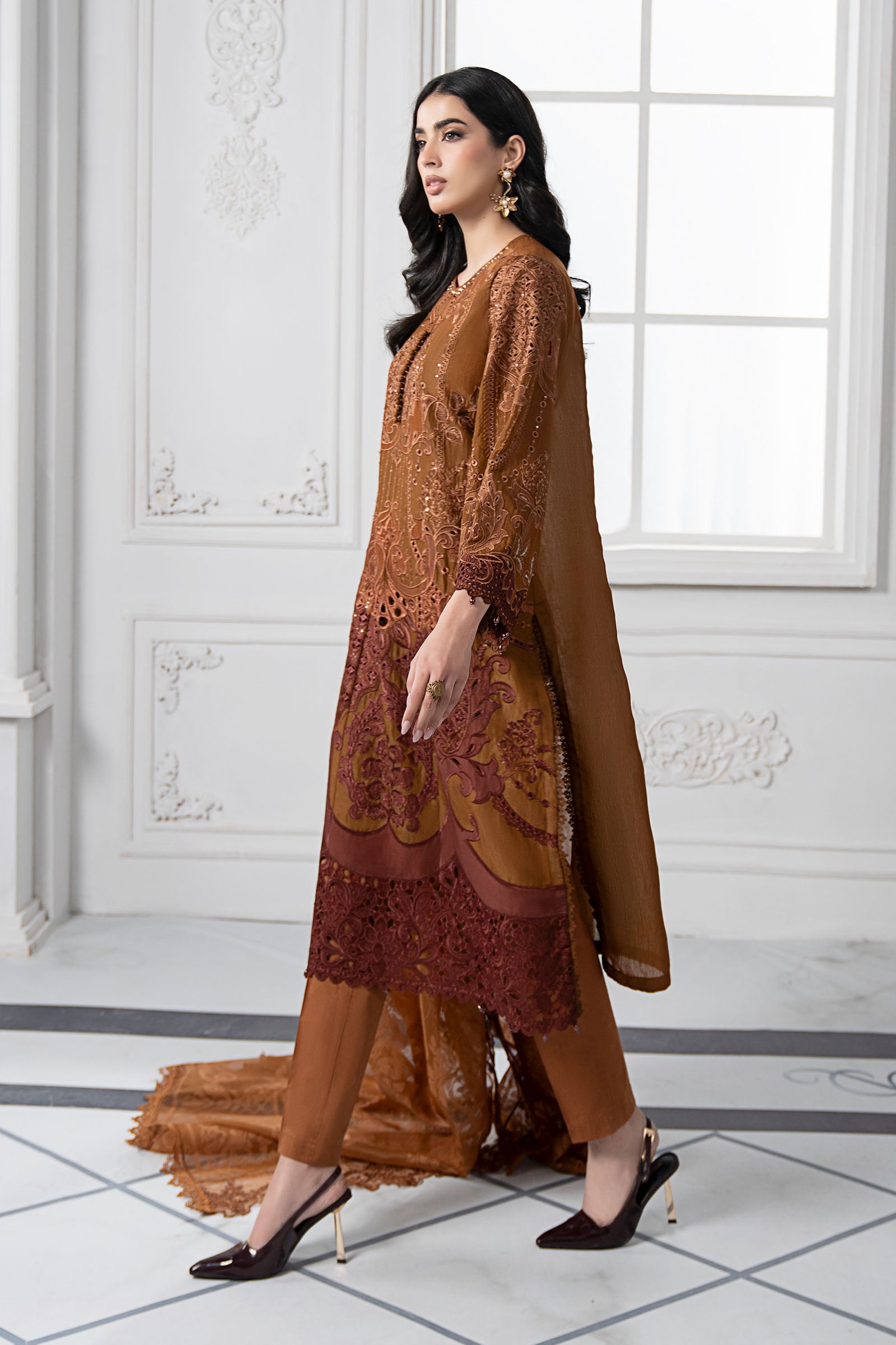 Rust Embroidered Paper Cotton Salwar Kameez (3-Piece) - Image 6