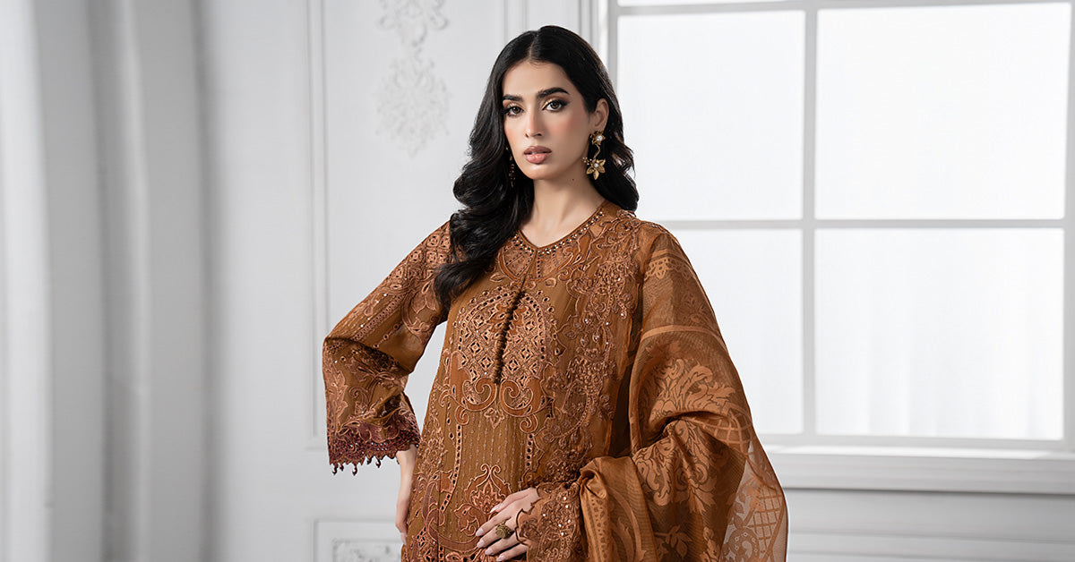 Rust Embroidered Paper Cotton Salwar Kameez (3-Piece) - Image 8