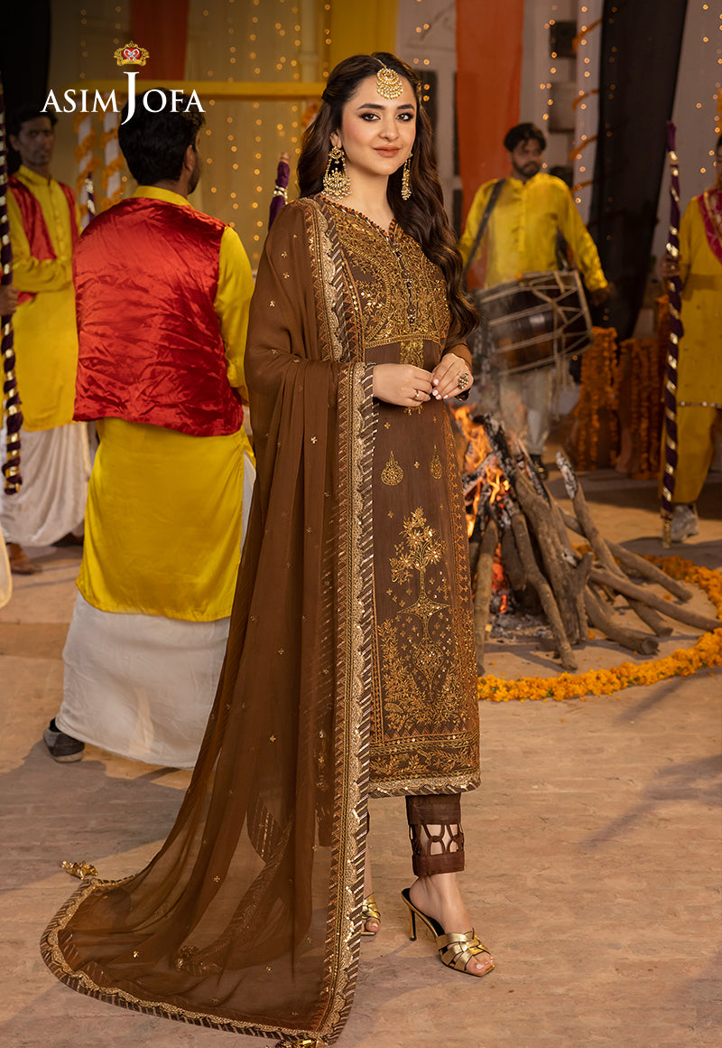 Brown Embroidered Paper Cotton & Chiffon Suit (3-Piece) - Image 11