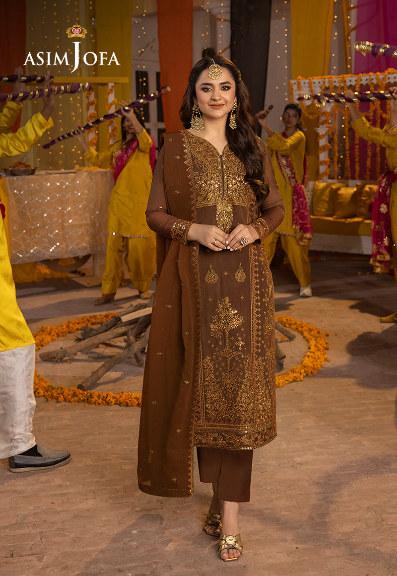 Pakistani Brown Zari Sequin Paper Cotton Salwar Kameez (3-Piece) - Image 1