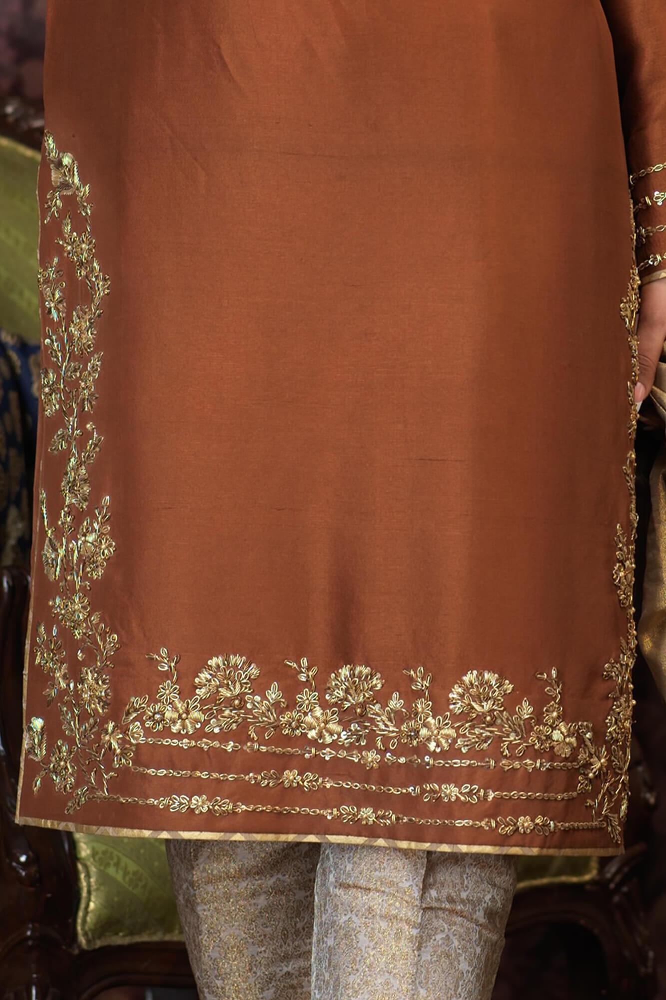 Brown Zardozi PK Raw Silk Salwar Kameez (3-Piece) - Image 1