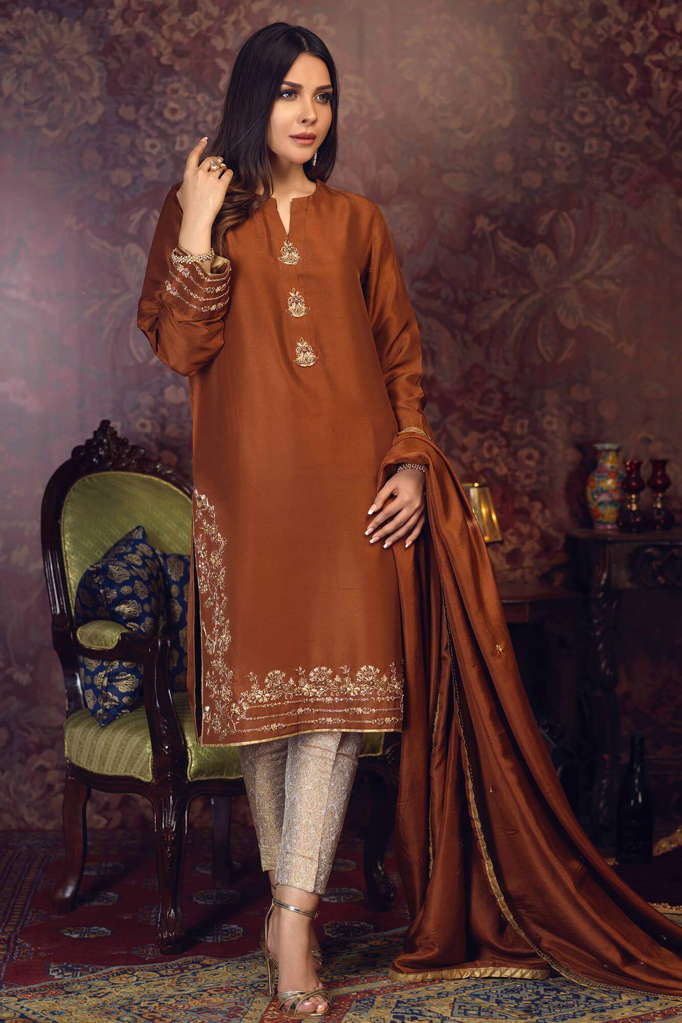 Brown Zardozi PK Raw Silk Salwar Kameez (3-Piece) - Image 2
