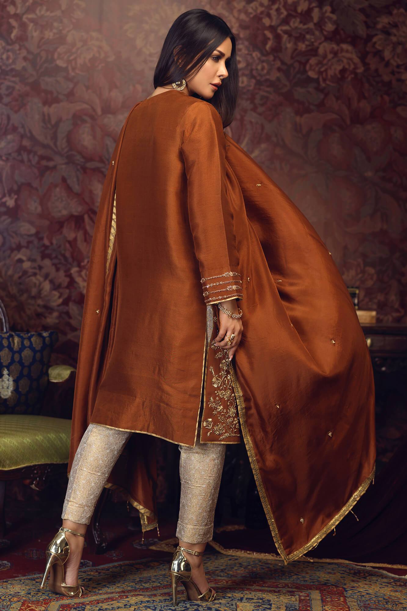 Brown Zardozi PK Raw Silk Salwar Kameez (3-Piece) - Image 3
